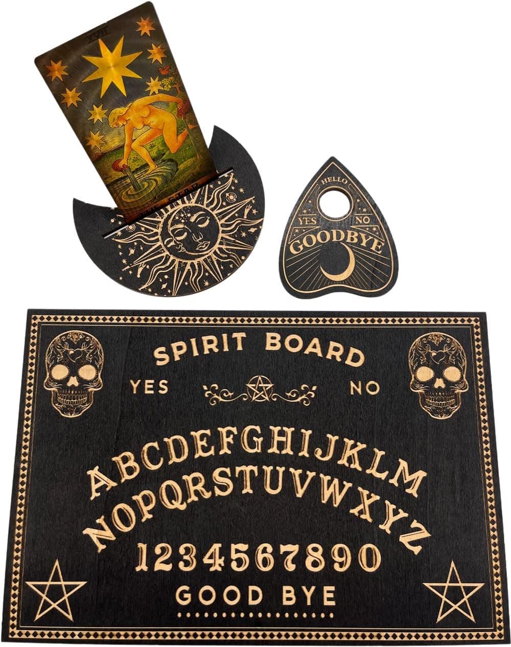 OKDOKEY Black Spirit Board & Tarot Card Stand Kit(3PC) | Black Wooden Laser Engraved Spirit Board | Unique Metaphysical Spirit Game | Talking Board | Seance |Witch Personalized Gift—Classic Series 1