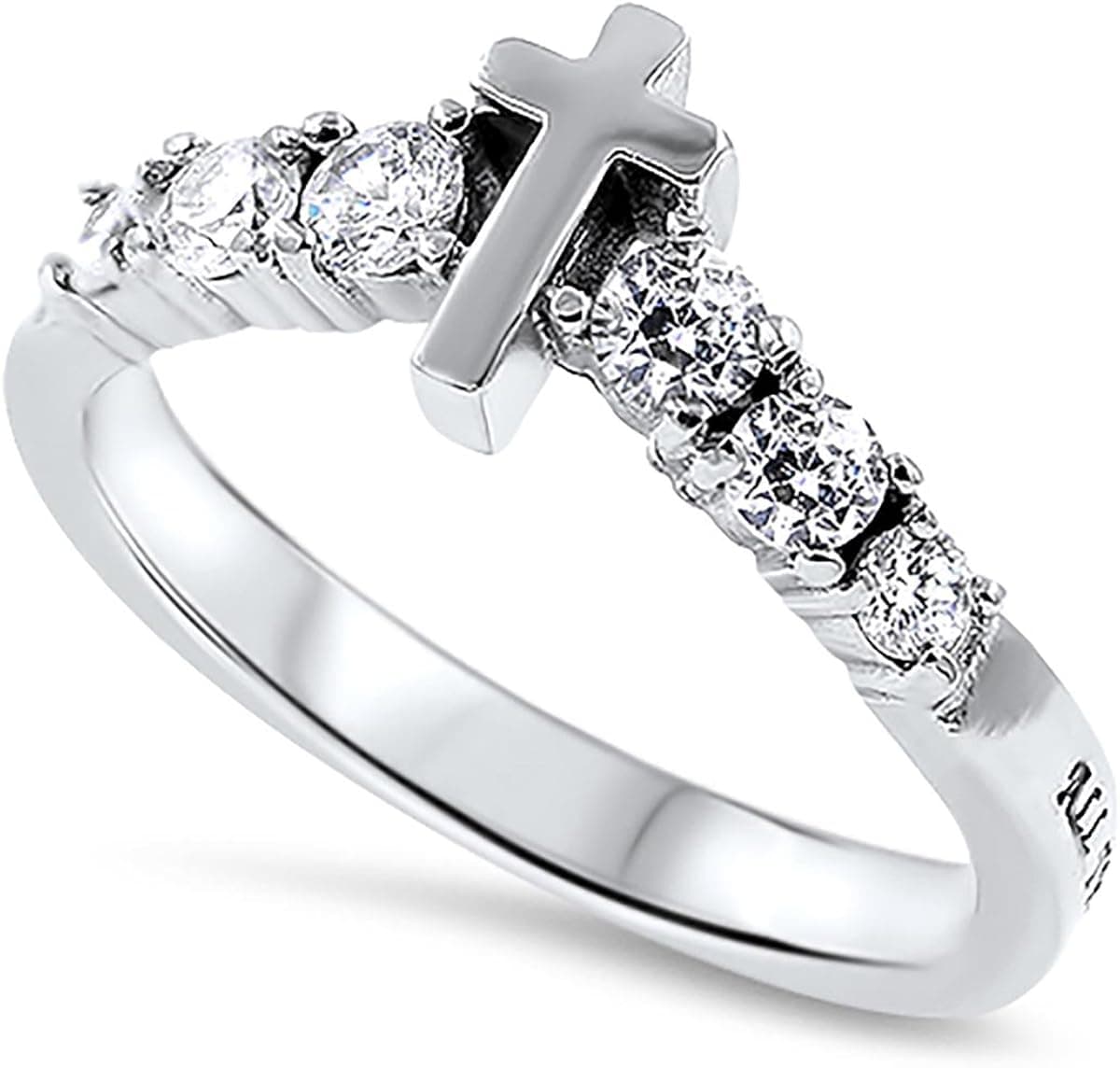 Gloria Cross Ring All Things Through Christ My Strength Stainless Steel Christian Bible Scripture Jewelry