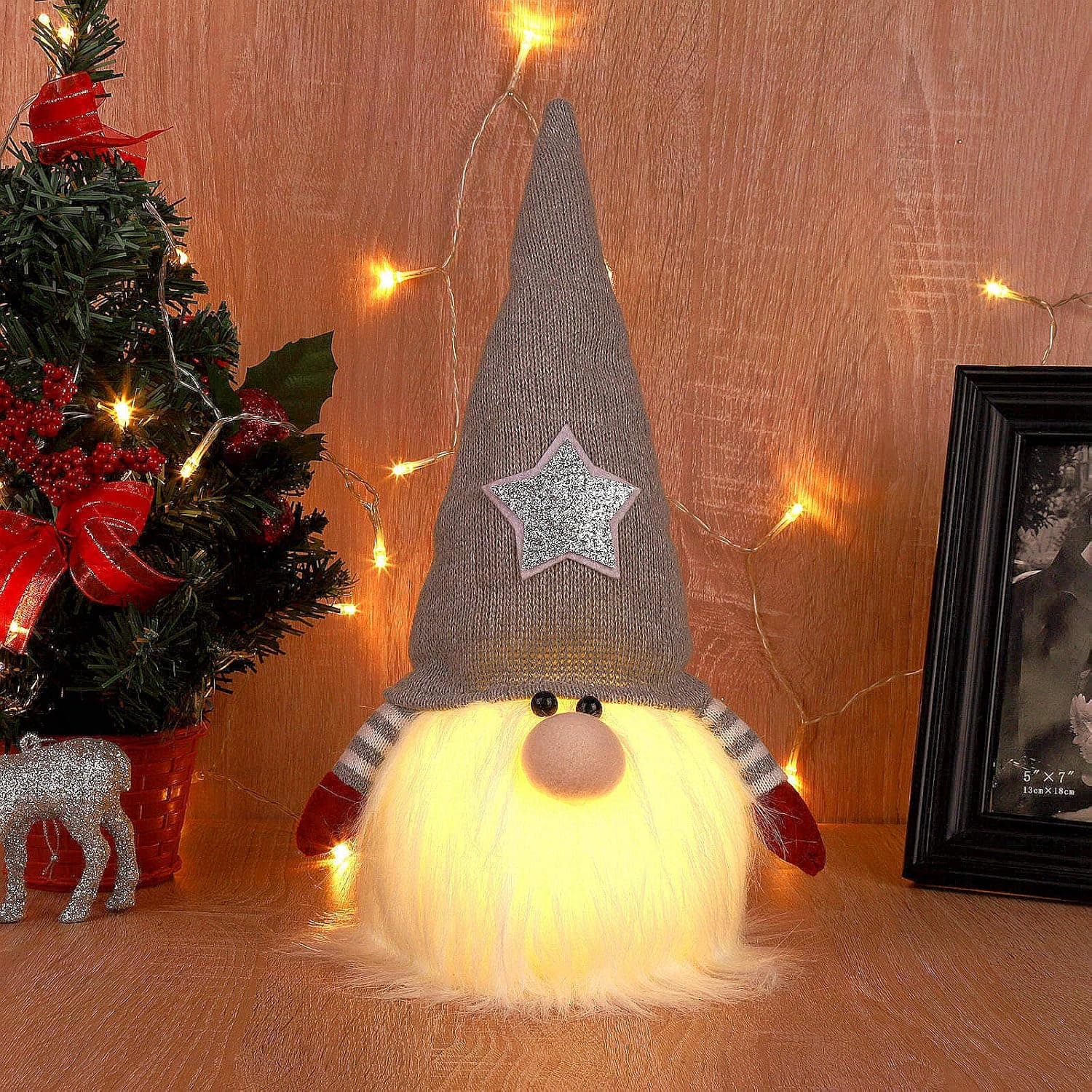 HMASYO Christmas Gnomes Decorations Gift - Handmade Swedish Gnome with Light, Scandinavian Tomte Nordic Figurine Plush Doll Table Ornament for Holiday Party Christmas Decorations (Gray)