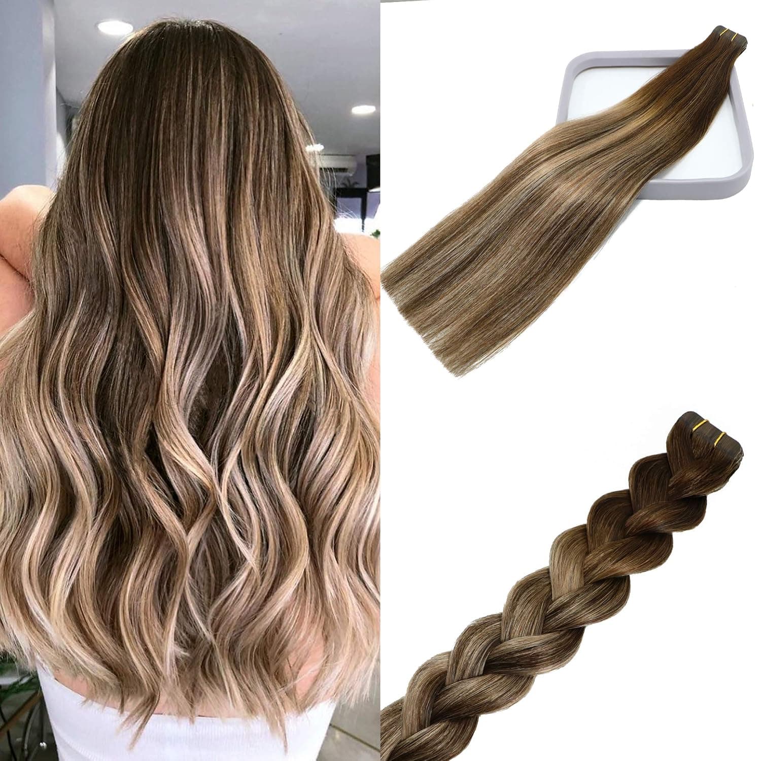 Tape in Hair Extensions For Women Balayage Mushroom Brown Ombre Hair Extensions 20 Pieces Real Human Remy Hair Thick Silky Straight Full Head Hair Extensions #MB 50g 14Inch