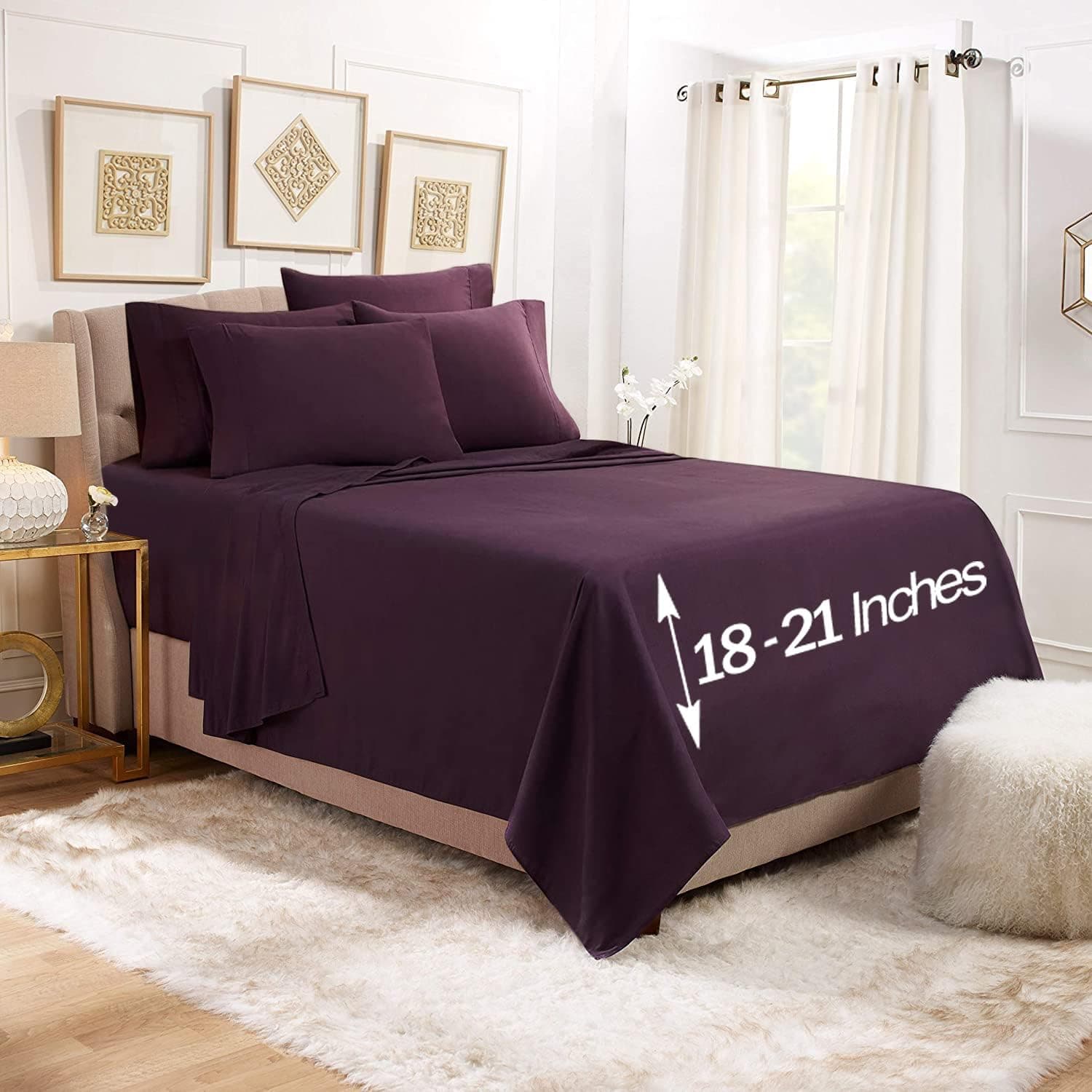Extra Deep Pocket Fitted Sheet - 6 Piece Sheet Set - Ultra Deep Pocket Sheets - Deep Fitted Sheets Set - 56 x 75 inches - Extra Deep Pocket California King Size Sheets - Purple Eggplant