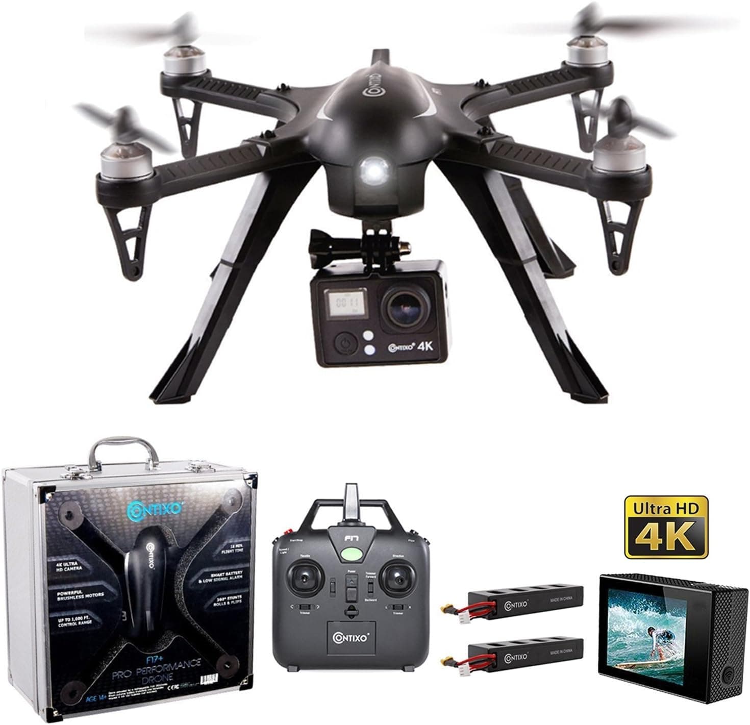 Contixo F17+ RC Quadcopter Photography Drone 4K Ultra HD Camera 16MP, Brushless Motors, 2 High Capacity Batteries, Supports GoPro Hero Cameras, Alum Hard Case- Best Gift