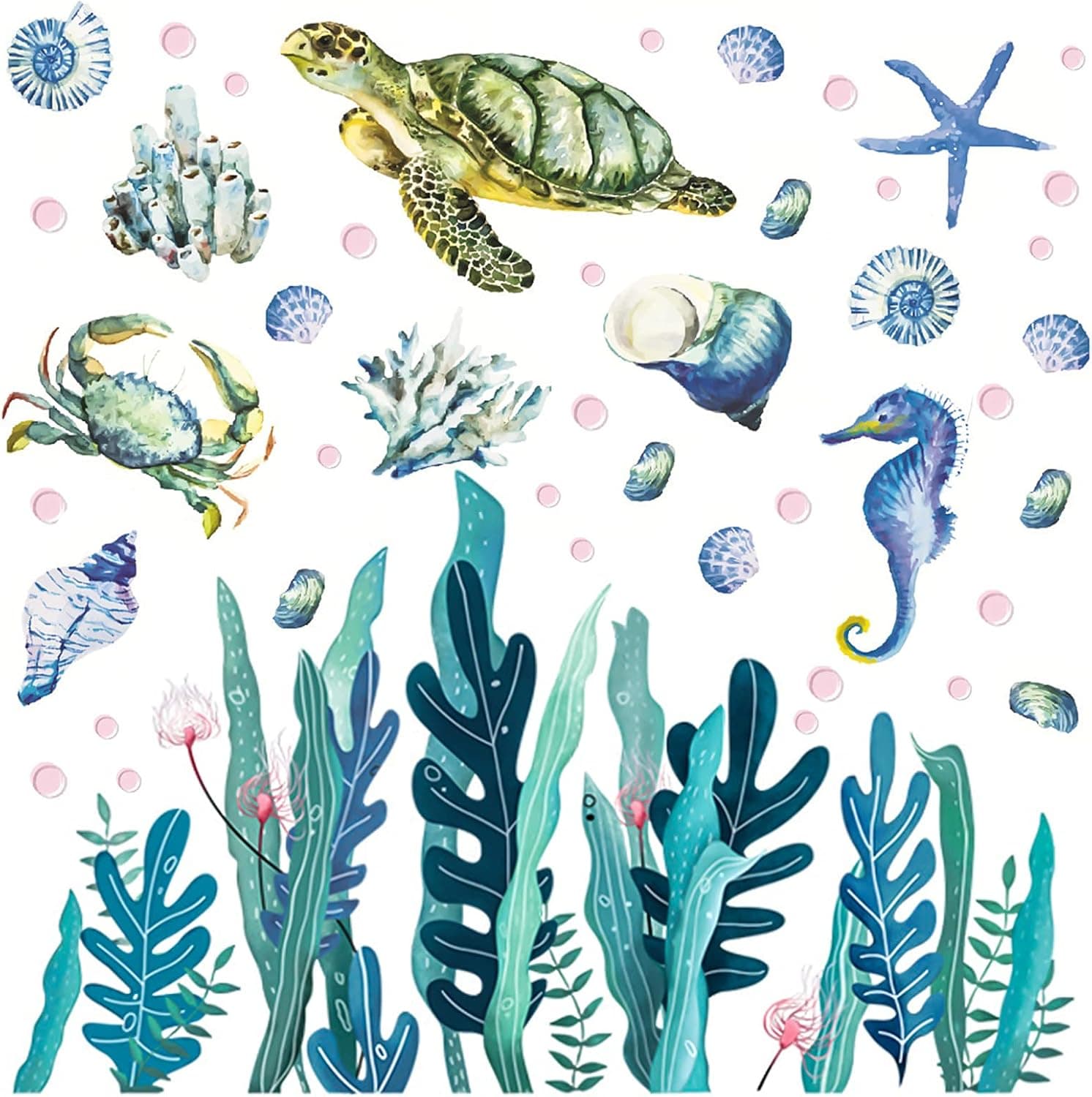 HOMICO Under The Sea Wall Decals Art Ocean Beach Wall Sticker Sea Turtle Wall Stickers Ocean Grass Seaweed Decal Pink Bubbles Vinyl Wall Sticker Sea Crab Conch Starfish Seashell Removable Sticker