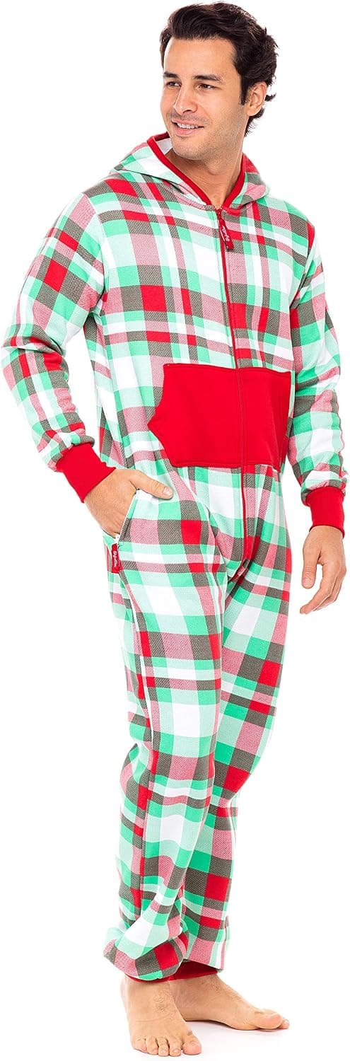 Men One Piece Non Footed Printed Pajamas, Adult Onesie with Hood Unisex Playsuit