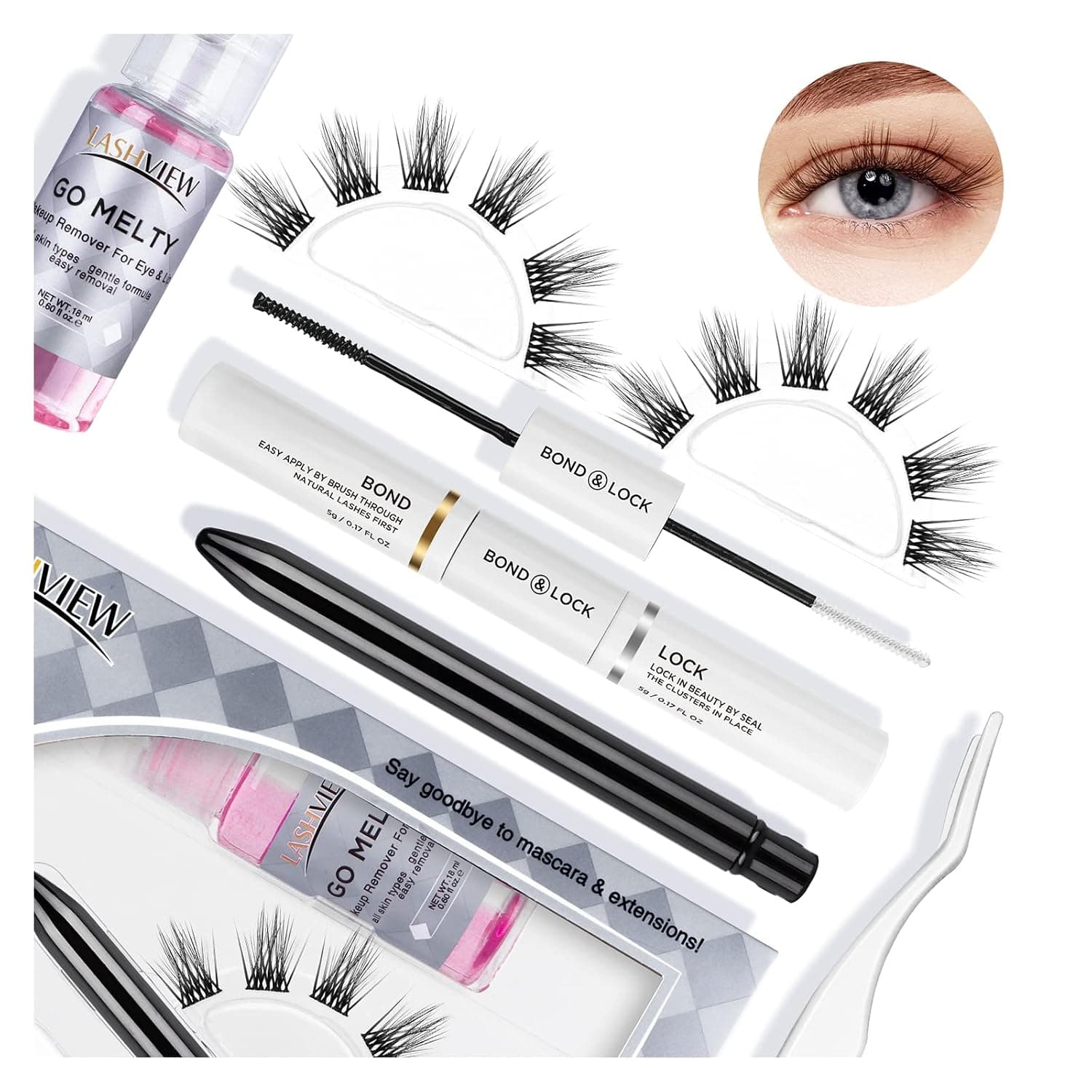 LASHVIEW DIY Eyelash Extension Kit,12 Clusters Volume Lashes Set with Applicator and Bond & Seal,Eyelash Extension Remover,Eye lifting 3D Effect,C curl Lashes Pack 12mm-Twin Flame