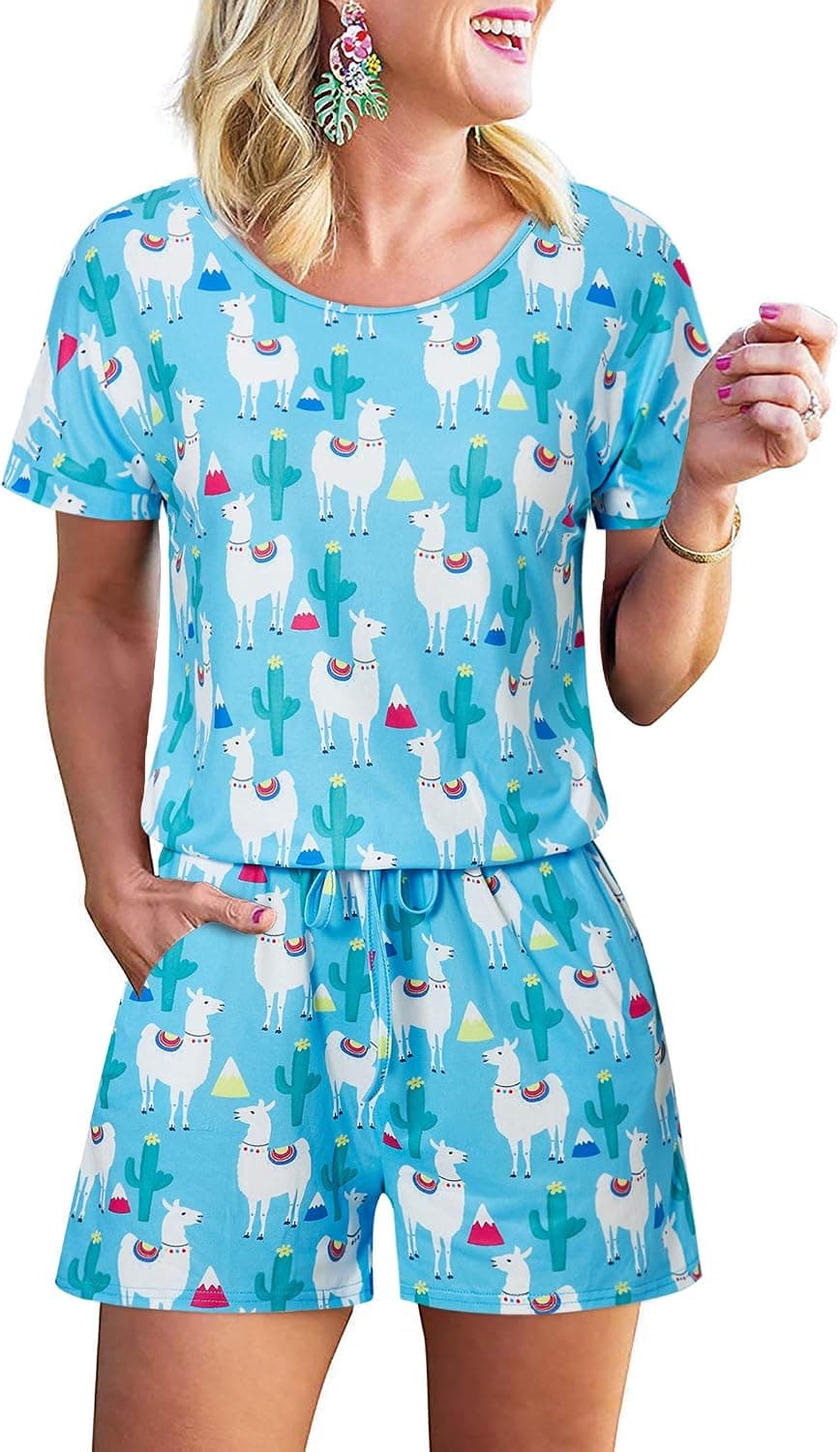 RAISEVERN Womens Rompers Casual Short Sleeve Crewneck Short Jumpsuit Cute White Alpaca Green Cactus Hawaiian Tropical Summer Jumpers Beach Loose Playsuit with Pockets XL