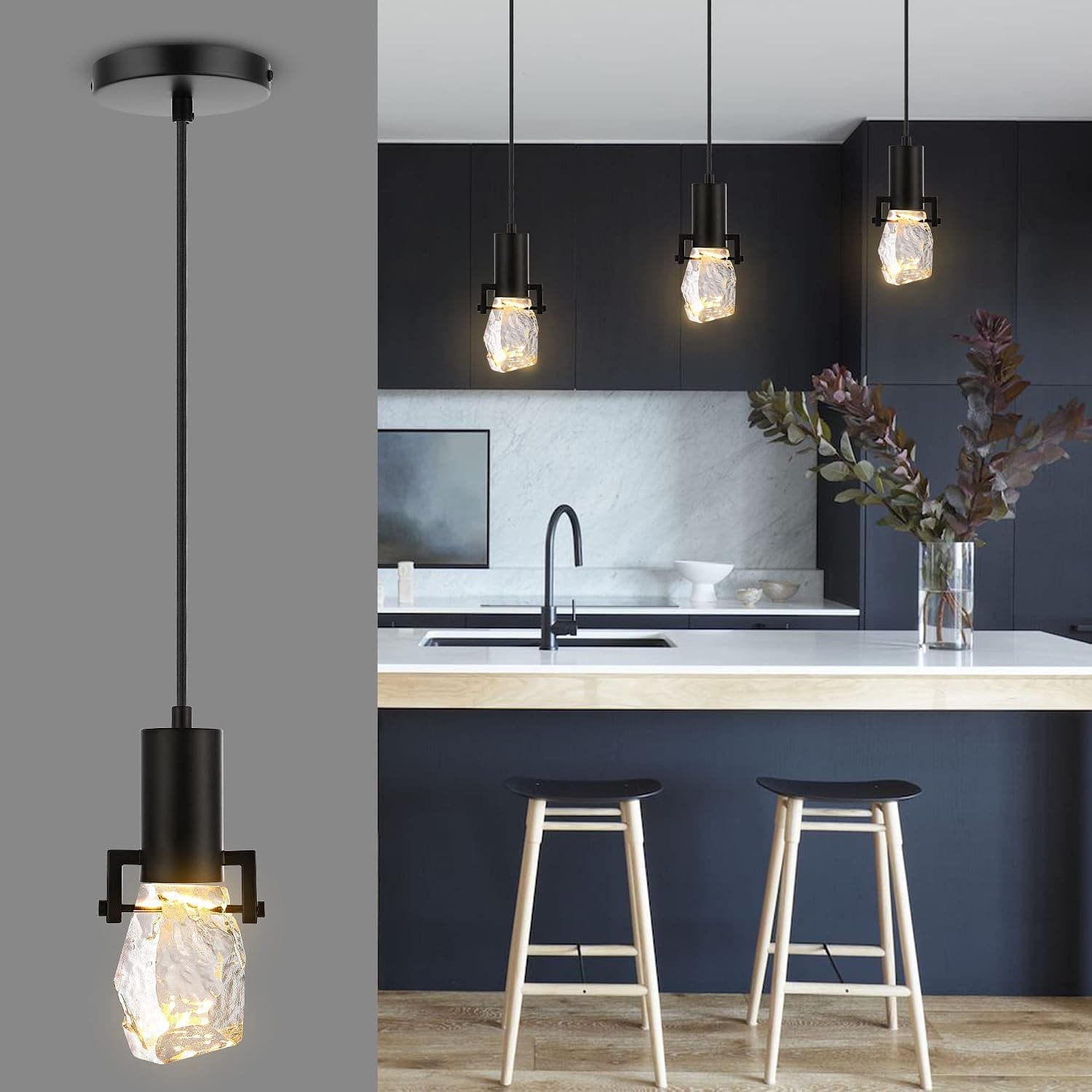 WINGBO 1-Light Modern Crystal Pendant Light Fixture Height Adjustable Hanging Light for Kitchen Island Dining Room Living Room Bedroom Restaurant Bar, Black