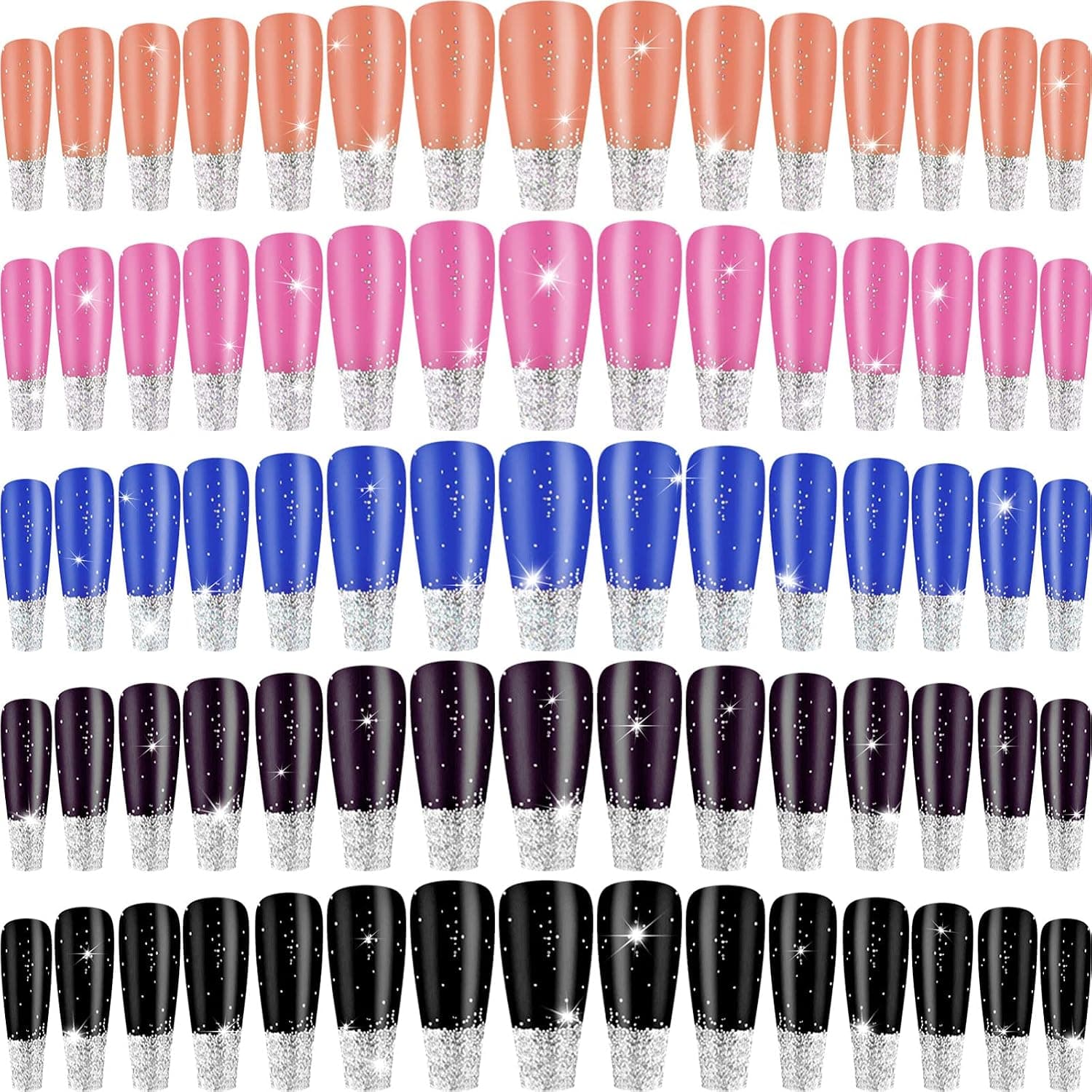 120 Pieces 5 Sets Extra Long Full Cover Coffin Press on Nails Matte False Nails Colorful Ballerina False Nails Artificial Nails Fake Nails for Women Girls Nail (Glitter Pattern)