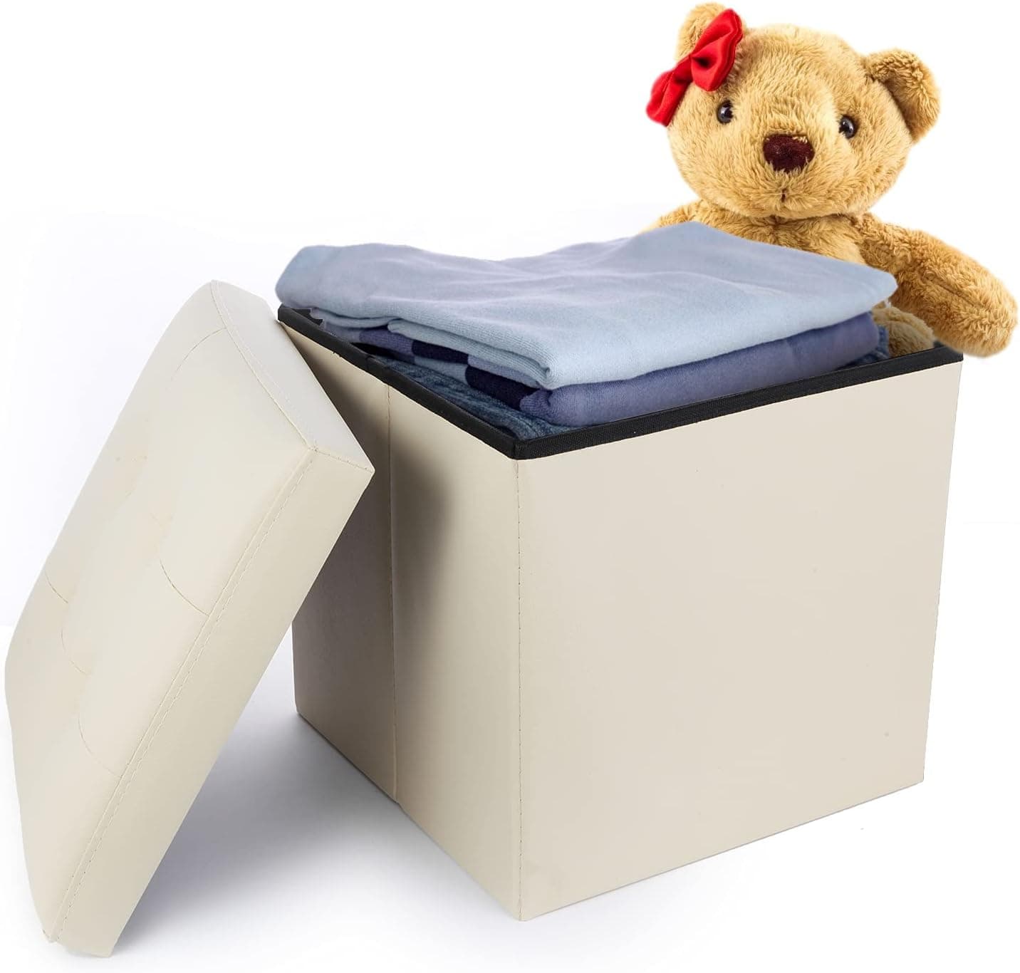 Tiemahun Folding Storage Bench Ottoman with Faux Leather Memory Foam Seat, Cube Foot Rest Stool Seat for Bedroom End of Bed 15" x 15" x 15" (Beige)