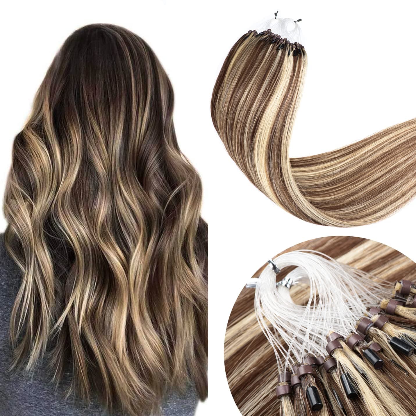 Micro Ring Human Hair Extensions 1g/Strand Highlight Micro Link Hair Extensions Real Human Hair 50g Micro Loop Extensions For Black Women (18 Inch, 4/613 Medium Brown Mix with Blond)