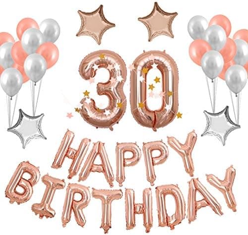 BALONAR 40inch Rose Gold 30TH Birthday Number Balloon with Happy Birthday Banner and Latex Balloons Mylar Stars for Birthday Party Decorations Supplies … (Rose30)