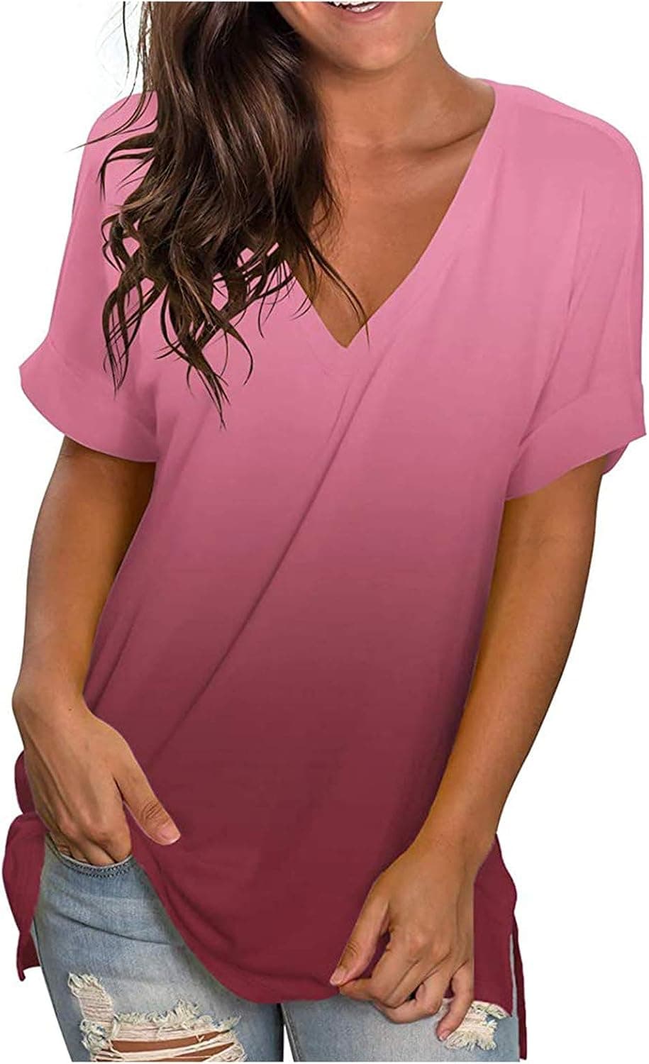 AODONG Womens Summer Tops for Women with Sleeves Gradient Tees Tops V-Neck T-Shirt Floral Printed Side Split Tunic Tops