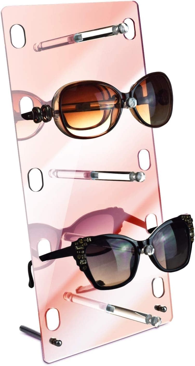 Ikee Design Mirrored Acrylic Sunglasses Eyeglass Organizer Holder Stand for 5 Frames, Sunglasses Display Rack Holds 5 Frames for Store and Showcase, 6.5"W x 3"D x 13.13"H, Rose Gold Color