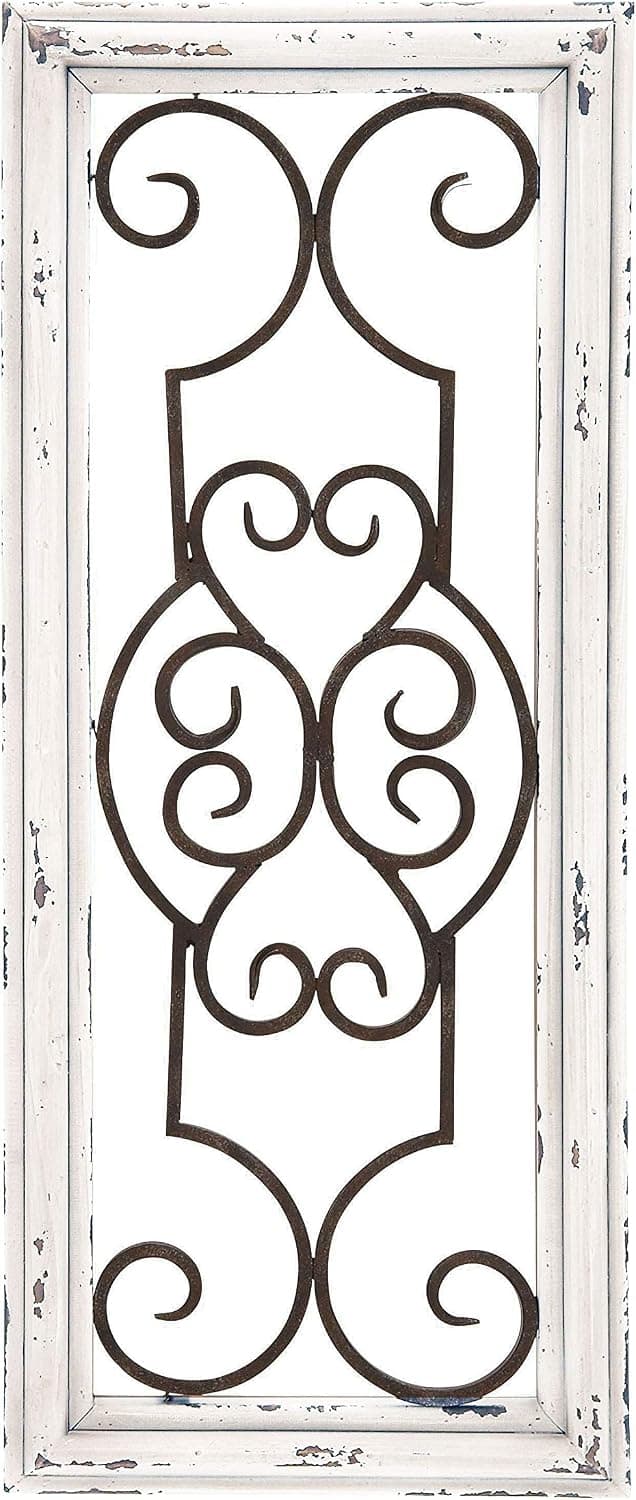 Enterprise Wood Metal Decorative Wall Panel, 24.25 Inches High x 10.25 Inches Wide, Ivory Off-White Distressed Finish with Black Metal Scroll Work Design off-white, black
