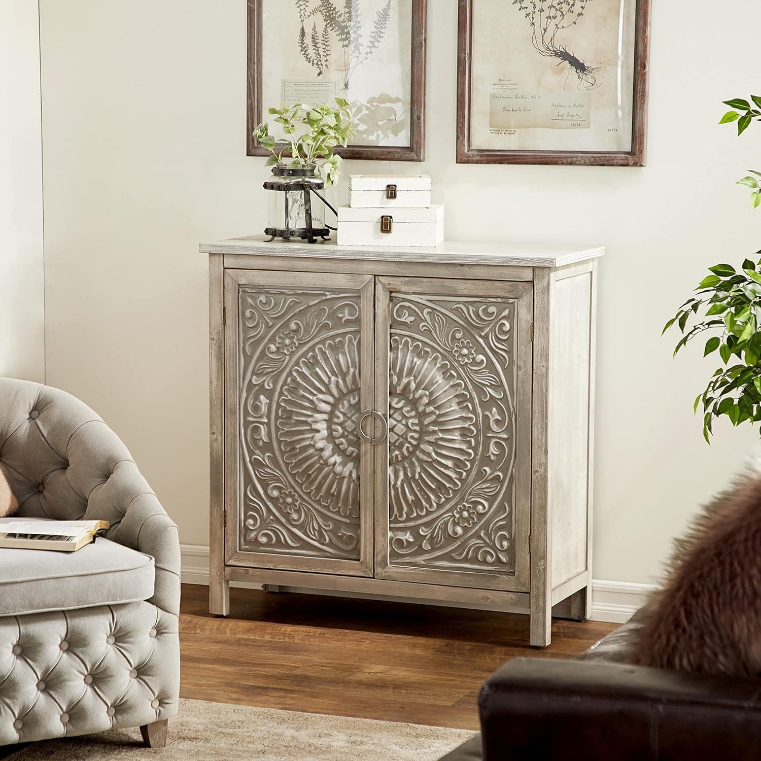 Deco 79 Wood Floral Intricately Carved 1 Shelf and 2 Door Cabinet, 39" x 16" x 40", Gray