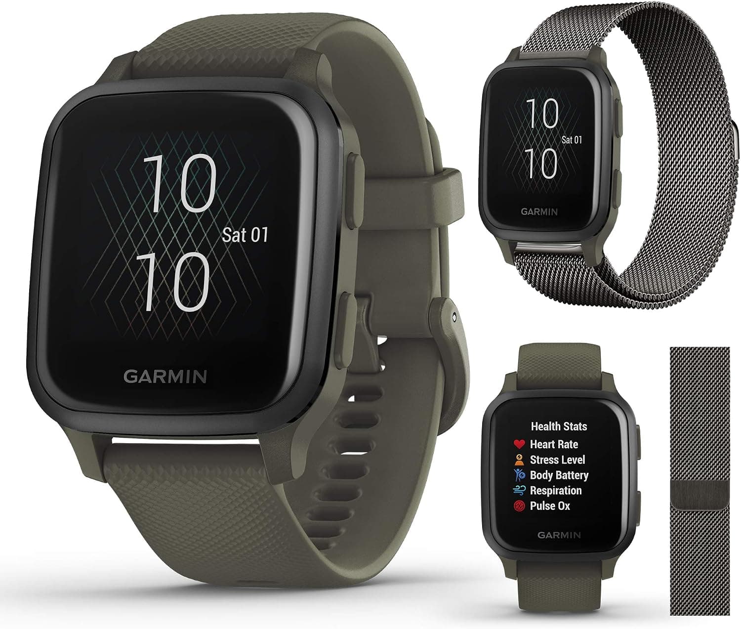 PlayBetter Garmin Venu Sq Music (Moss/Slate) GPS Fitness Smartwatch Extra Style Band Bundle | Includes Milanese Watch Band (Dark Gray) | Exercise & Sports Watch | Wellness, Heart Rate | 010-02426-03