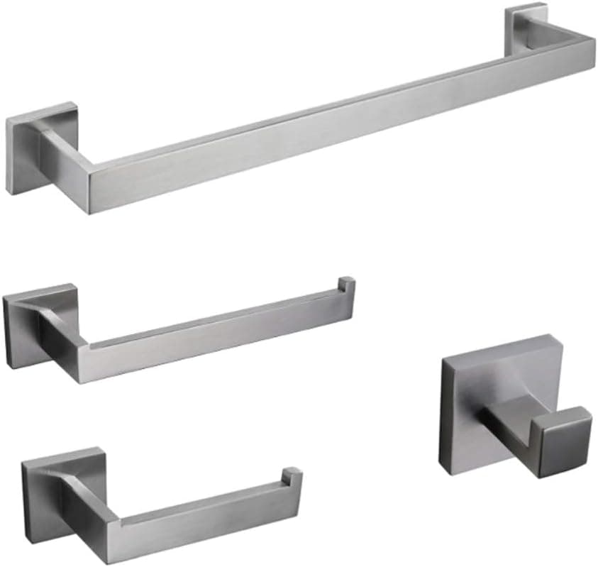 Brushed Nickel Bathroom Accessories, 4-Piece Bathroom Towel Holder Set Towel Bar Toilet Paper Holder Towel Ring and Towel Hook, Square 304 Stainless Steel Wall Mounted (Brushed Nickel)