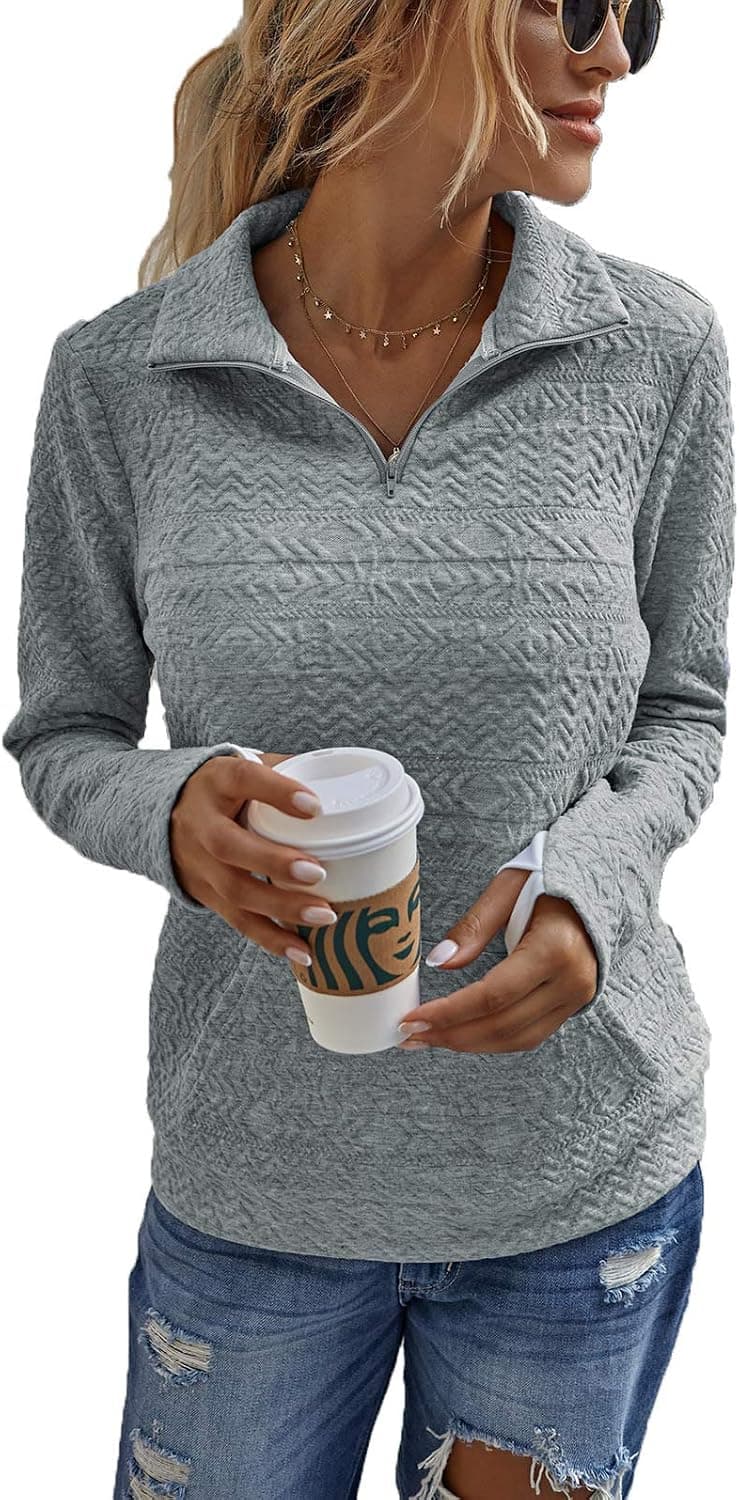 Women Long Sleeve Sweatshirt Fashion Quilted Pattern Plain Zipper Pullover Sweatshirts Tops with Pockets
