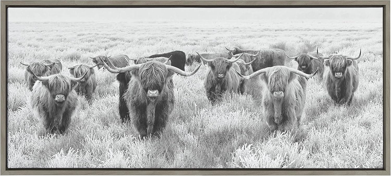 Kate and Laurel Sylvie Herd of Highland Cows Black and White Framed Canvas Wall Art by The Creative Bunch Studio, 18x40 Gray, Decorative Farmhouse Animal Art for Wall
