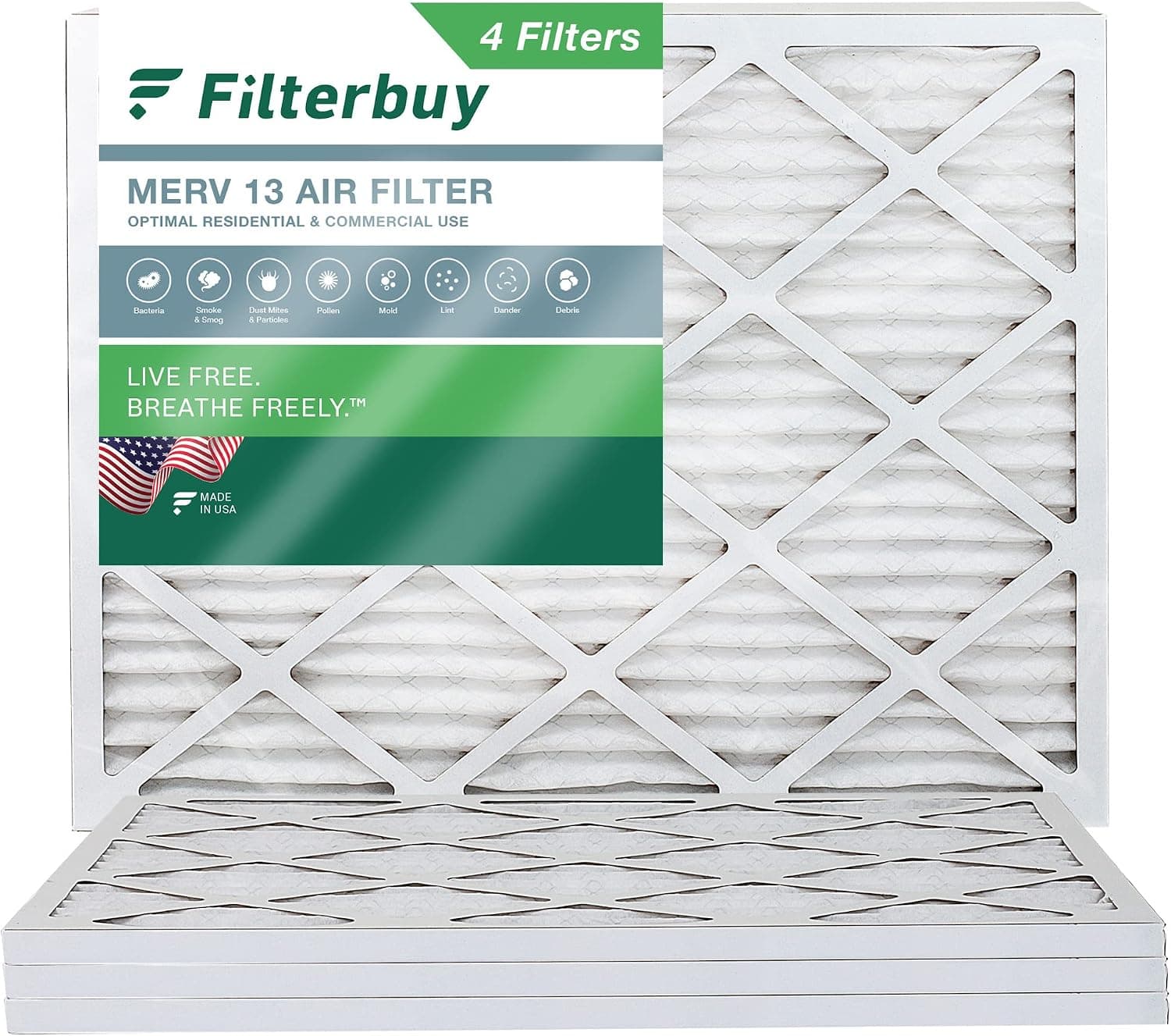 Filterbuy 17x22x1 Air Filter MERV 13 Optimal Defense (4-Pack), Pleated HVAC AC Furnace Air Filters Replacement (Actual Size: 16.50 x 21.50 x 0.75 Inches)