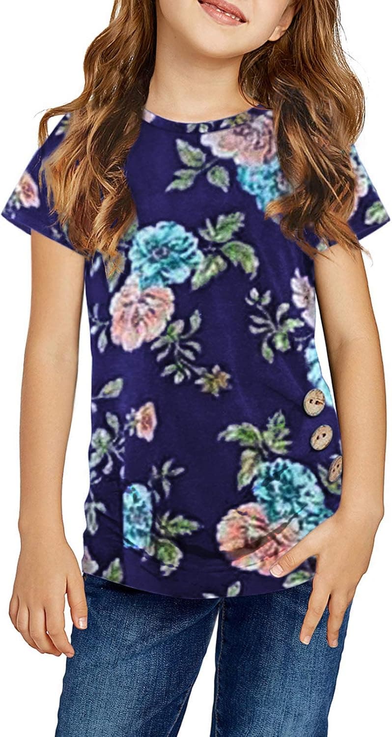 SHIPE Girls Loose Short Sleeve Tops Casual Floral Printed Tee Shirts for 4-13 Years Girl (150-Blue L)
