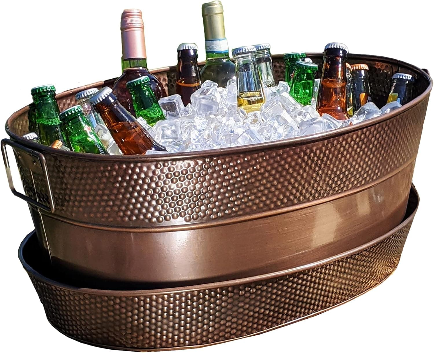 BREKX Aspen Copper Galvanized Beverage Tub w/Copper Tray - Heavy-Duty Metal Ice and Drink Bucket for Home Parties