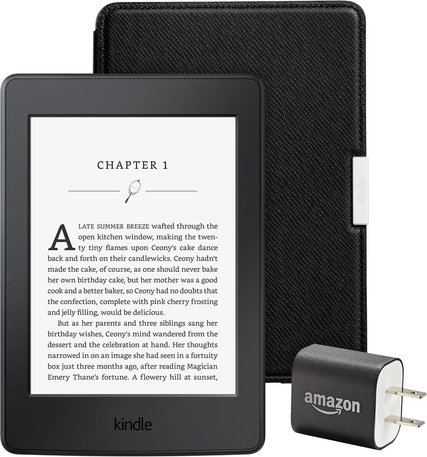 Kindle Paperwhite Essentials Bundle including Kindle Paperwhite 6" E-Reader, Black with Special Offers, Amazon Leather Cover - Onyx Black, and Power Adapter