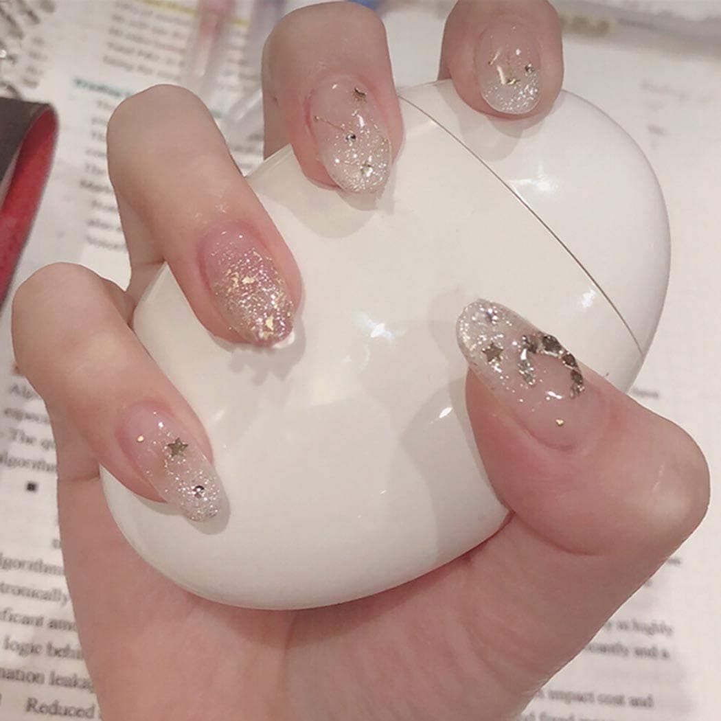 Yikisdy Glossy Press on Nails Medium Glitter Oval False Nails Wedding Acrylic Fake Nails Artificial Fingernails for Women and Girls 24PCS