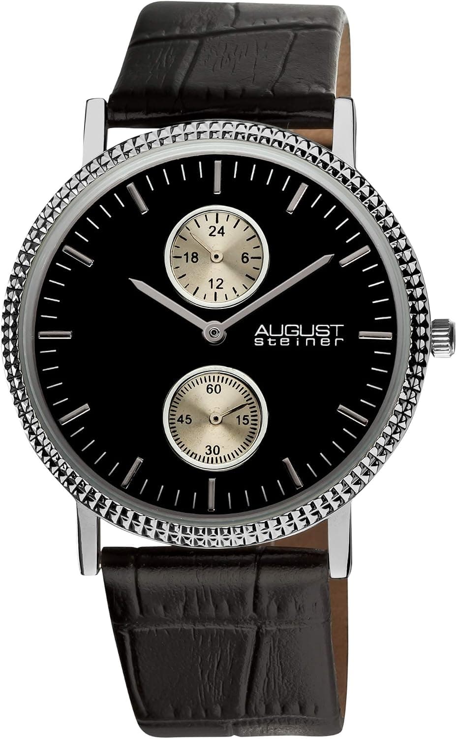 August Steiner Men's Multifunction Watch - Second and GMT Subdials, Serrated Bezel On Embossed Crocodile Pattern Band - AS8048