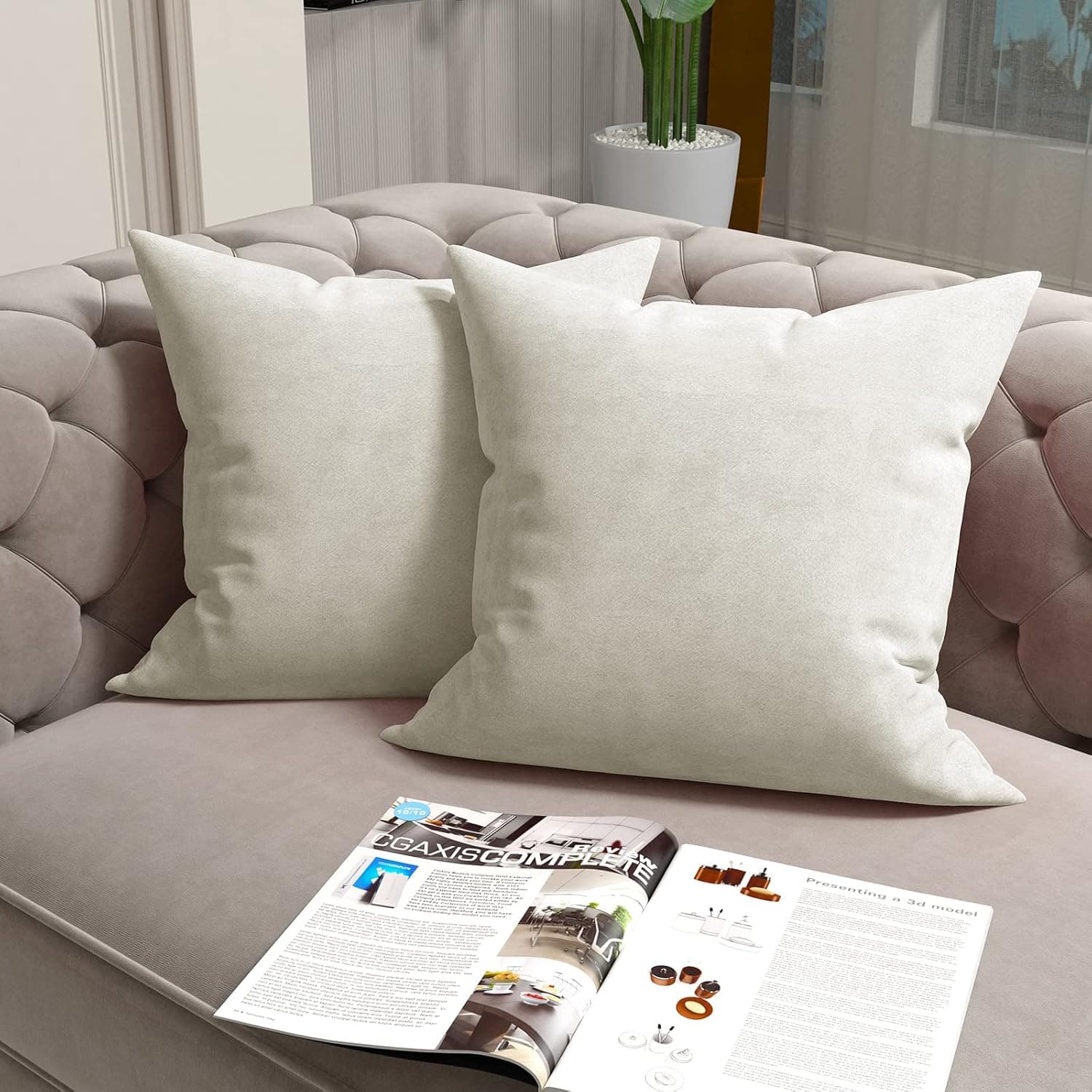 LVTXIII Velvet Pillow Case Covers Pack of 2, 18" x 18" Soft Solid Square Cushion Cases 45 x 45 cm Decorative Throw Pillow Covers for Couch Sofa Bedroom Home Decor - Beige