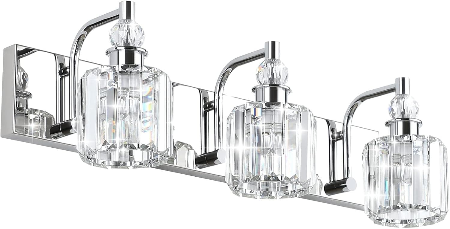 Ralbay Crystal Vanity Light Fixtures 3 Light Modern Crystal Bathroom Lights Fixtures Over Mirror Stainless Steel Chrome Vanity Light for Bathroom Wall Lights Fixtures