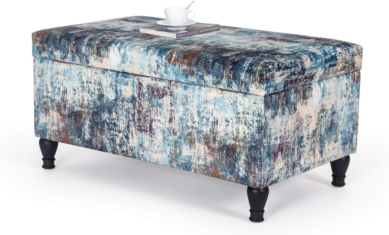 Homebeez Velvet Storage Ottoman Bench Rectangular Footrest Stool with Wood Legs (Assorted Blue)