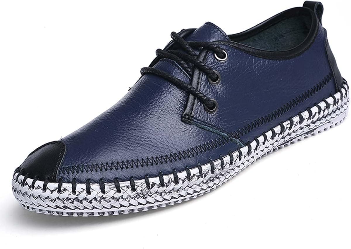 Men's Fashion Casual Leather Shoes Comfortable Soft Loafers Driving Walking Flat Lace Up Shoes navy blue 10.5