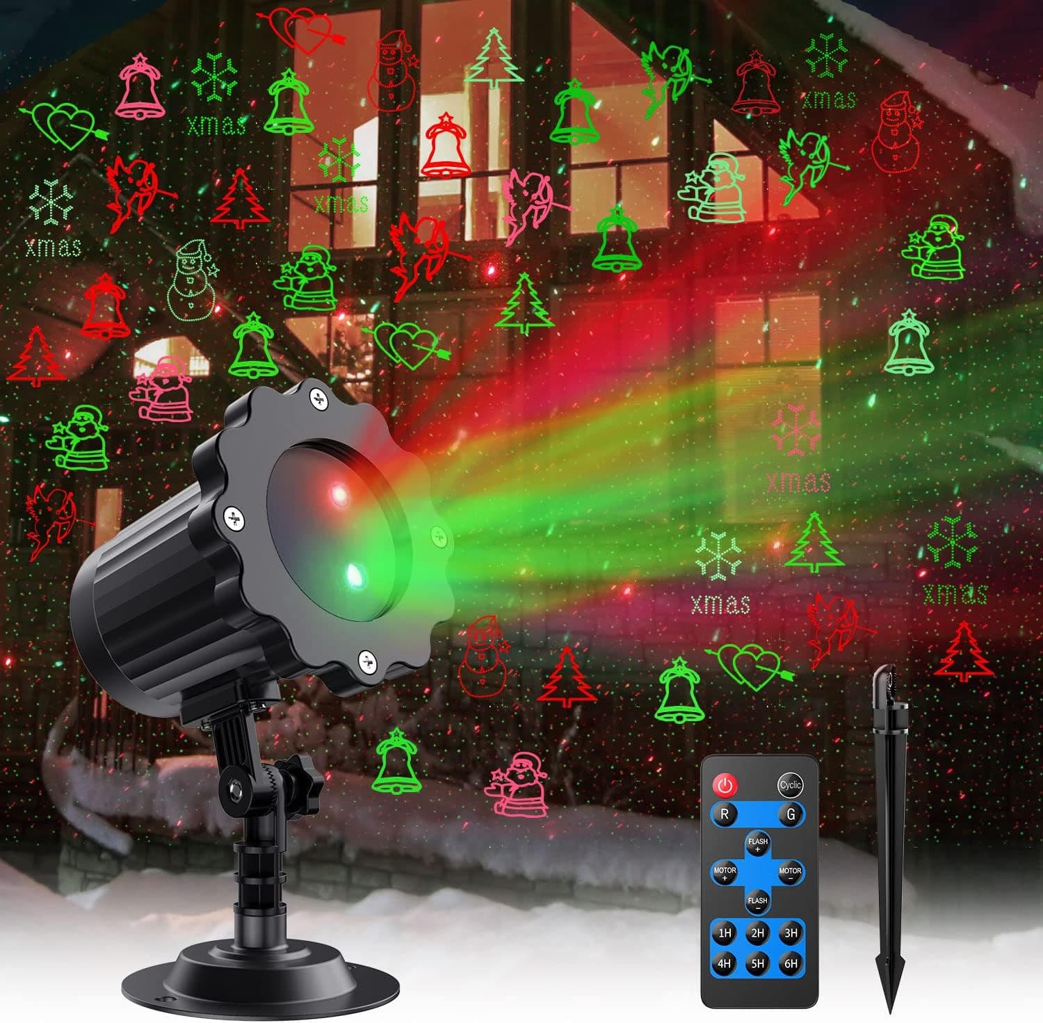 Christmas Projector Lights Outdoor, Christmas Lights Waterproof Landscape Spotlight Red and Green Star Show with Xmas Decorative Lighting for Holiday Indoor Outdoor Garden Patio Wall