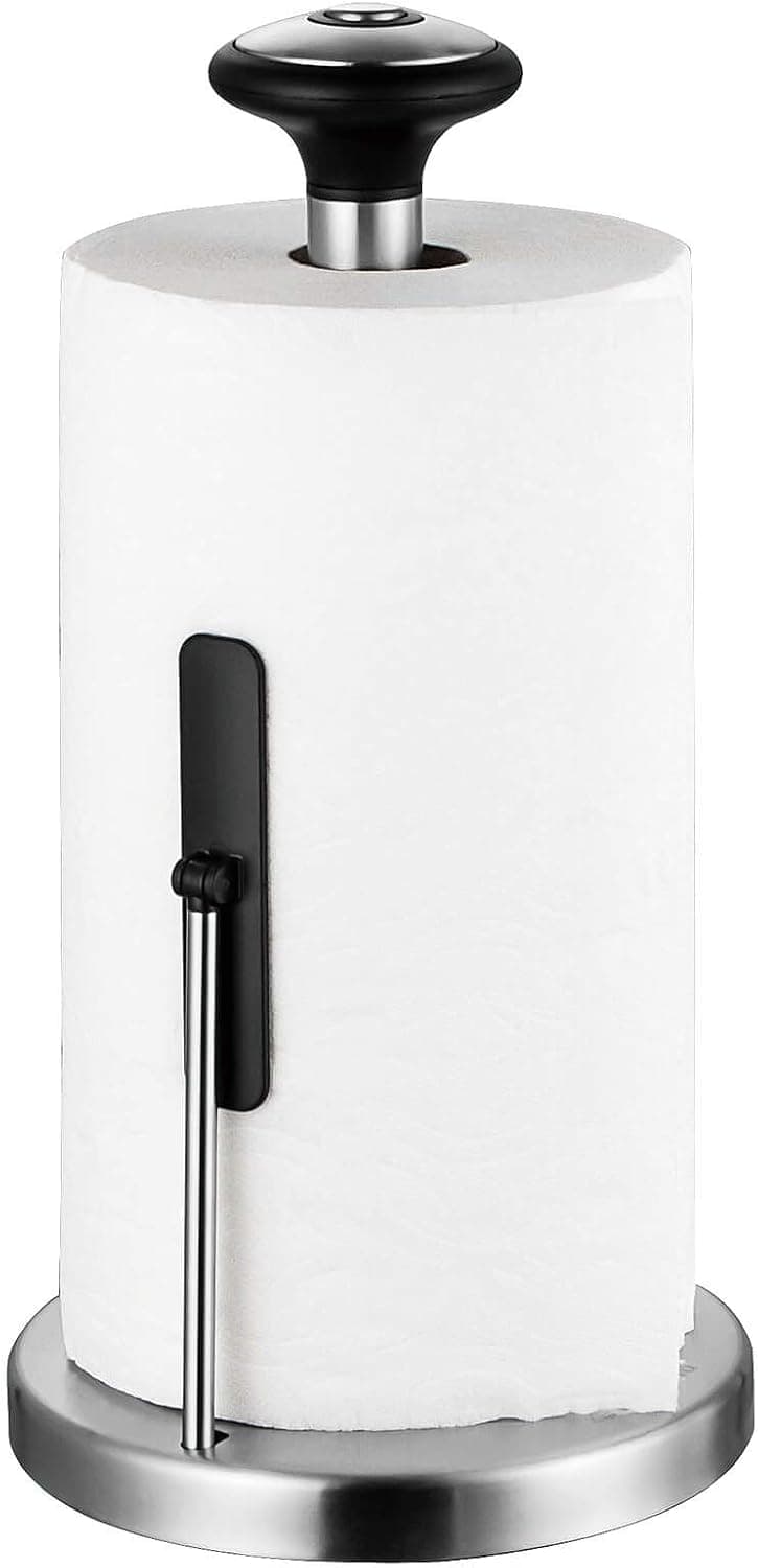 Hillbond Stainless Steel Paper Towel Holder with Adjustable Spring Arm for Holding Kitchen Paper, Standing Organizer with Weighted Base for Countertop & Dining Table, Modern Paper Towel Roll Dispenser