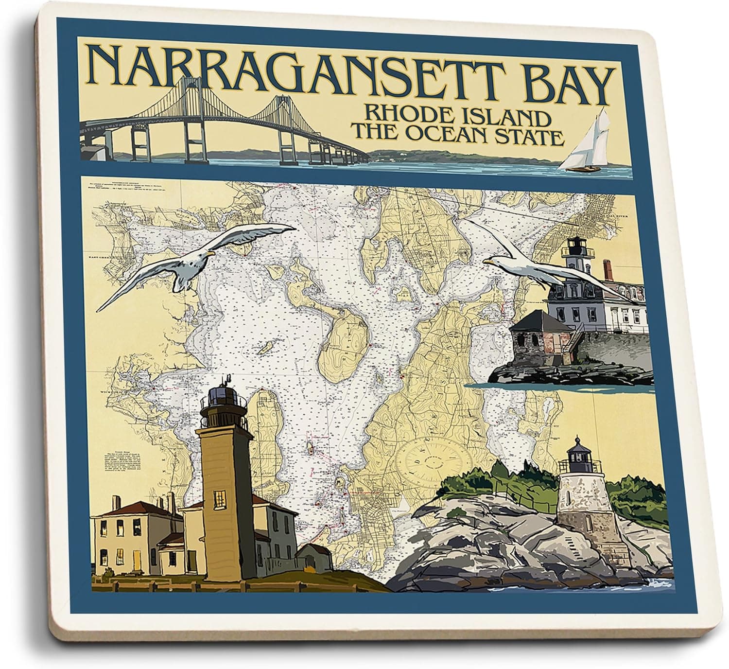 Lantern Press Narragansett Bay, Rhode Island, Nautical Chart 31309 (Set of 4 Ceramic Coasters, Cork-Backed, Absorbent)