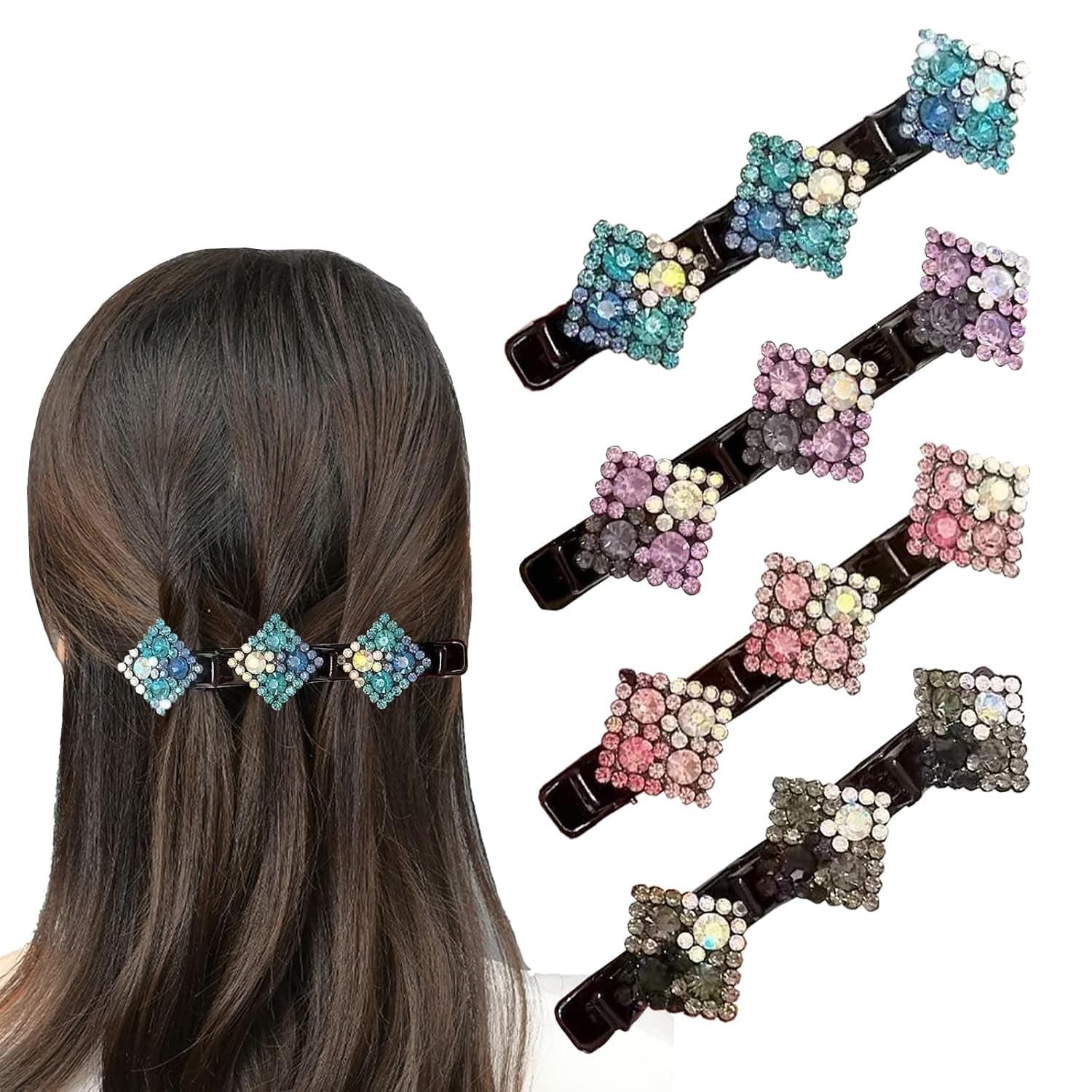 4 PCS Sparkling Crystal Stone Braided Hair Clips, Rhinestone Hair Clips Hairpin Duckbill Clip, Braided Hair Clip with Rhinestones for Women and Girls