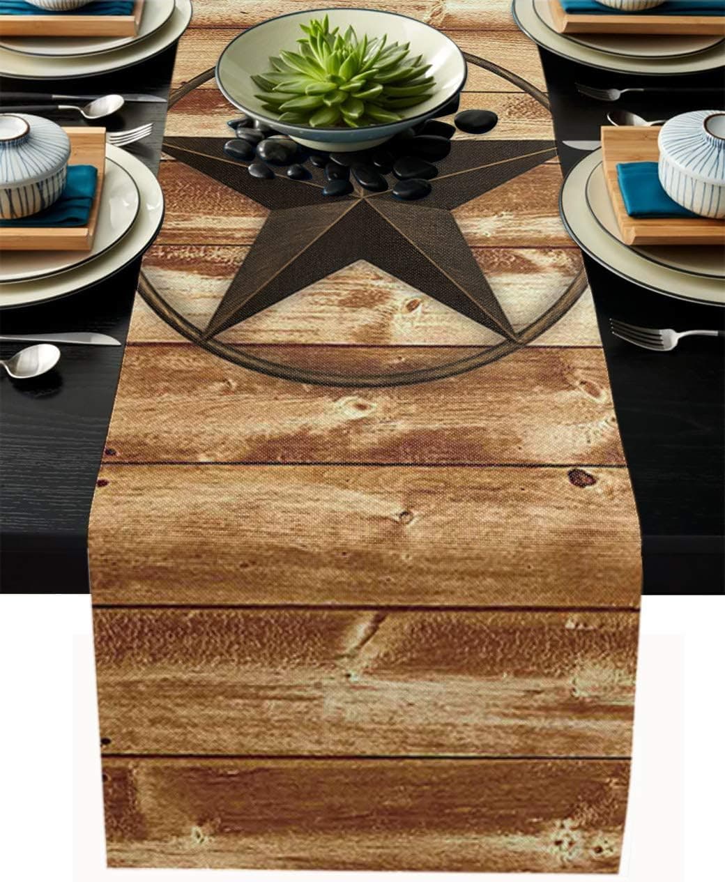 Texas Star Table Runner Rustic Wood Door Vintage Dresser Scarves Non-Slip Rectangle Kitchen Tablecloth for Dinner Holiday Party Decor 14x72inch