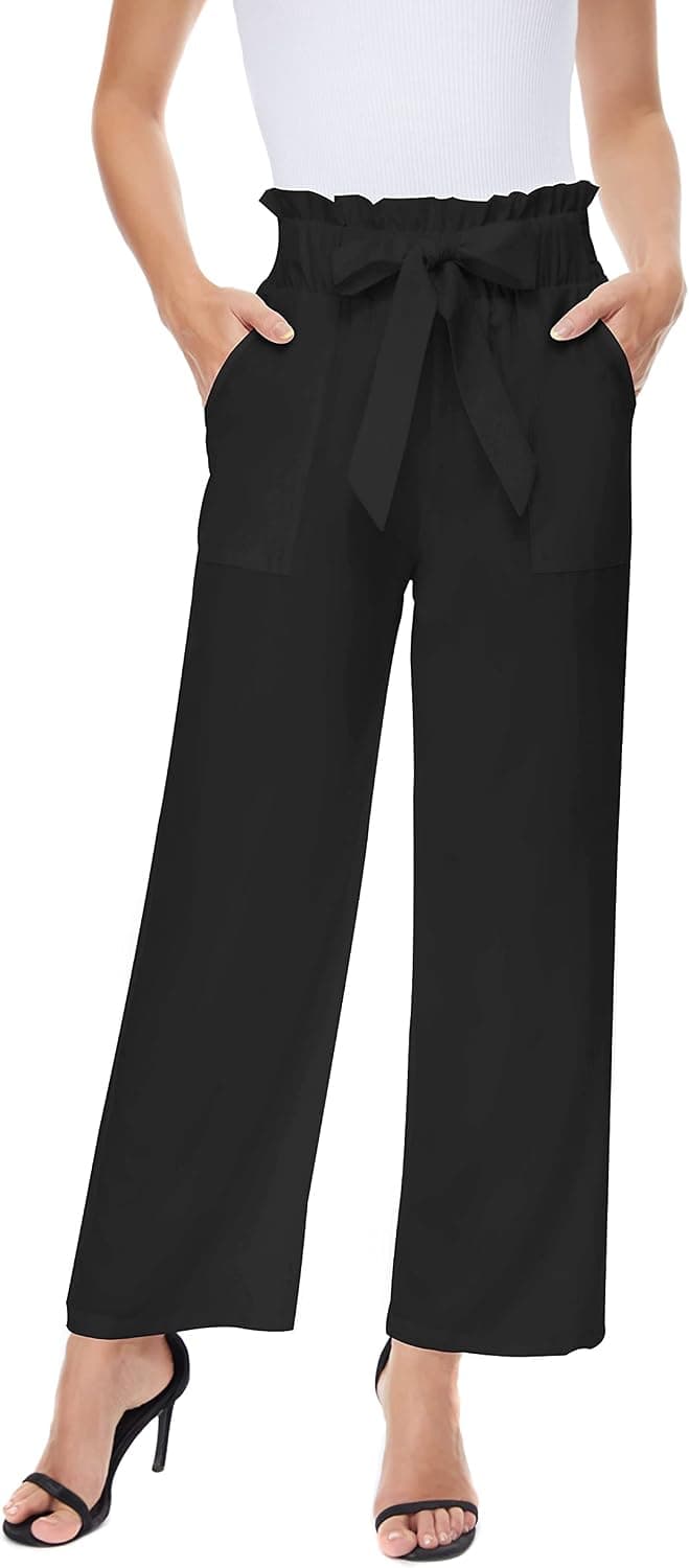 LNX Womens High Waisted Palazzo Pants Paperbag Waist Wide Leg Office Long Dress Trousers with Pockets