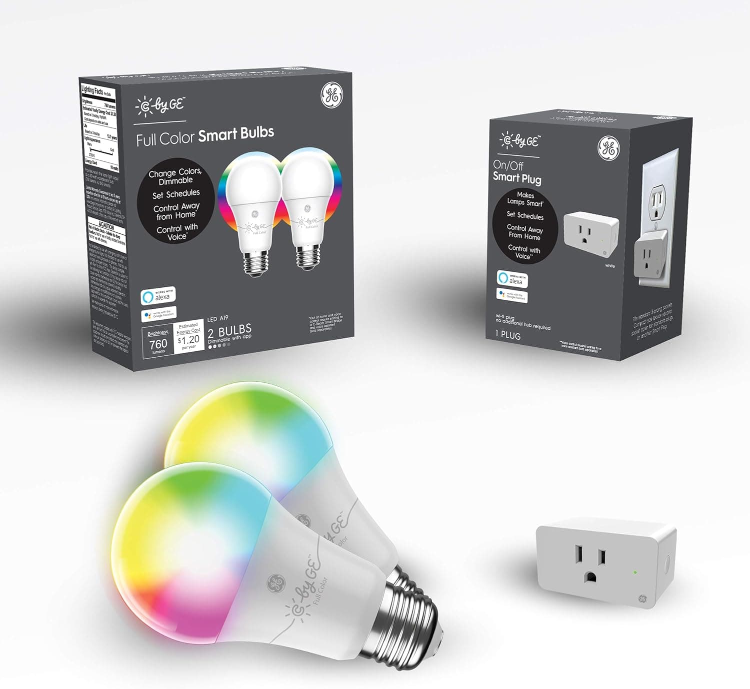 C by GE Smart LED Bulbs + Smart Plug Bundle (2 A19 RGB Light Bulbs + Smart Plug), Kids’ Color Light Bulbs for Bedroom Starter Kit, Google Home and Alexa, Light Bulbs (Packaging May Vary)