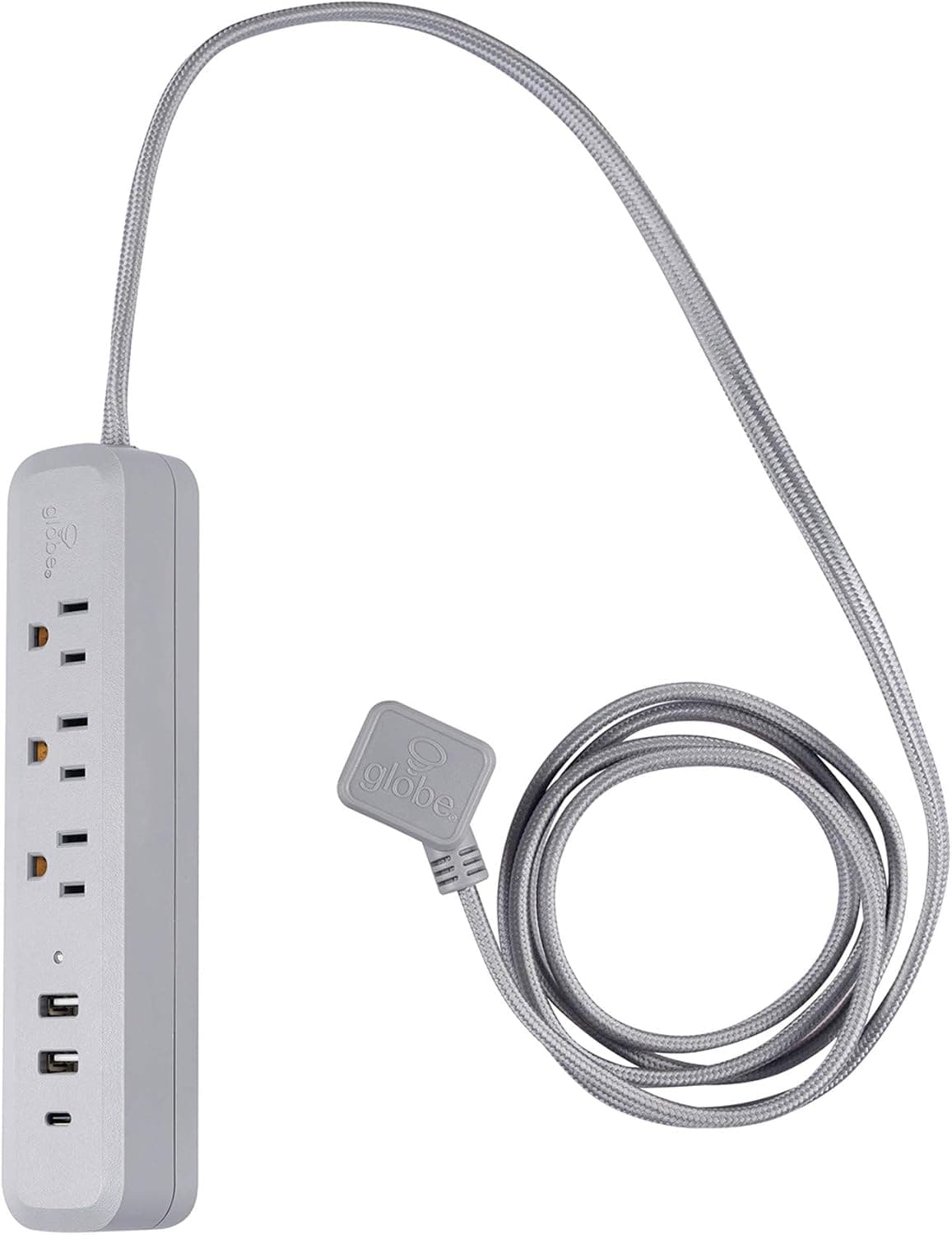 Globe Electric Designer Series 6-ft 3-Outlet USB Surge Protector Power Strip, 2x USB-A Ports, 1x USB-C Port, Right Angle Plug, Gray, 78551