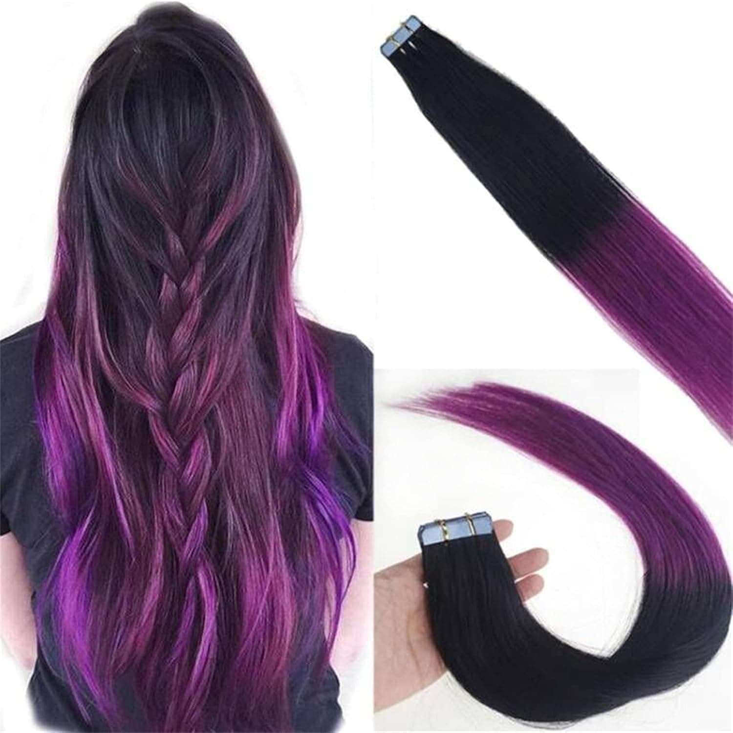 Seamless Tape in Human Hair Extensions Invisible Skin Wefts Brazilian Remy Human Hair Balayage Ombre Colors 16-24inch20pieces (Ombre Black to Purple, 18inch40gram)