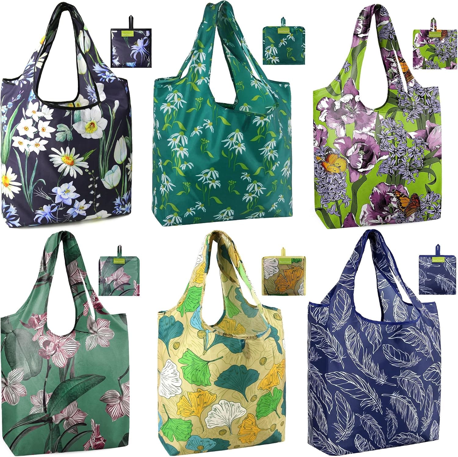 BeeGreen 6 Pack Flowers Ginkgo Leaves Feathers Ripstop Waterproof Fabric 50 LBS Reusable Grocery Bags with Attached Pouch XLarge Lightweight Shopping Bags with long handles Reusable Shopping Bags