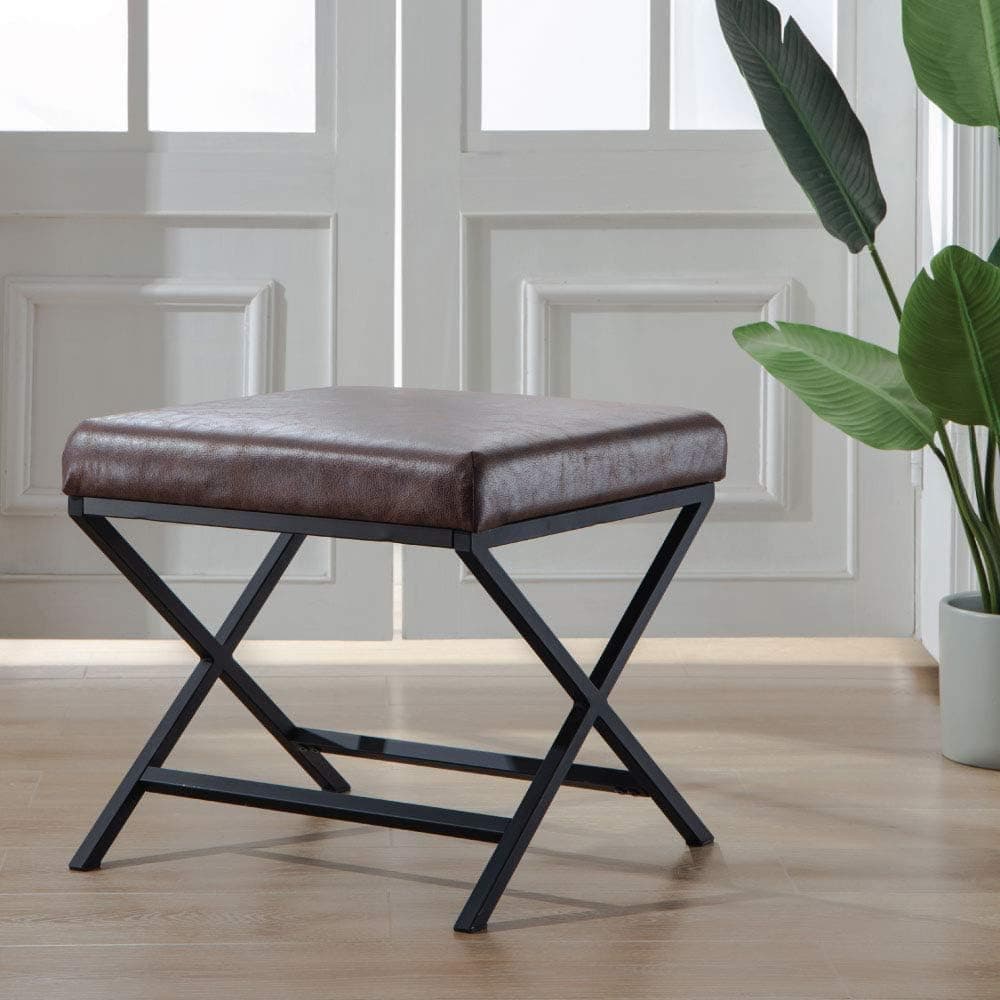 Modern Square Ottoman Footrest Stool - Luxurious Button Faux Leather Covered Seat w/Sturdy Black Metal Base - Easy Assembly Accent Furniture Perfect for Use in Any Room - Leather Brown