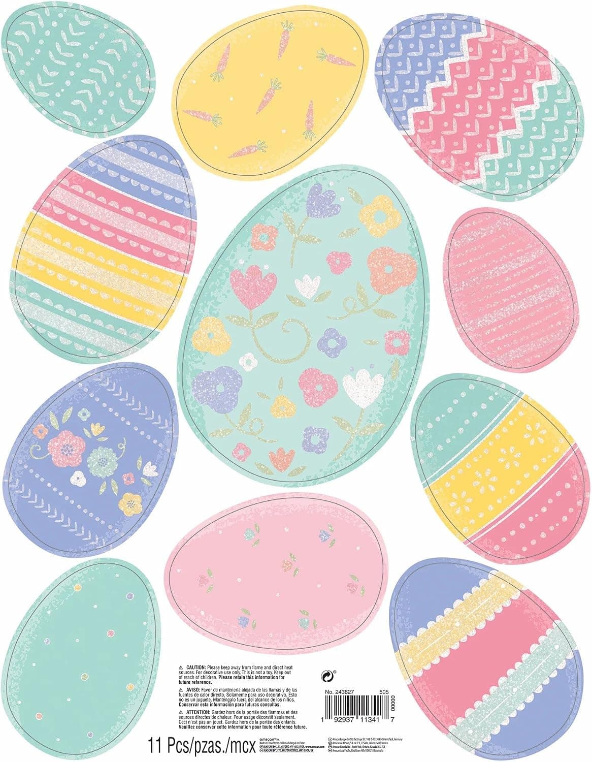 Pastel Easter Eggs Glitter Window Decorations, 11 Pcs
