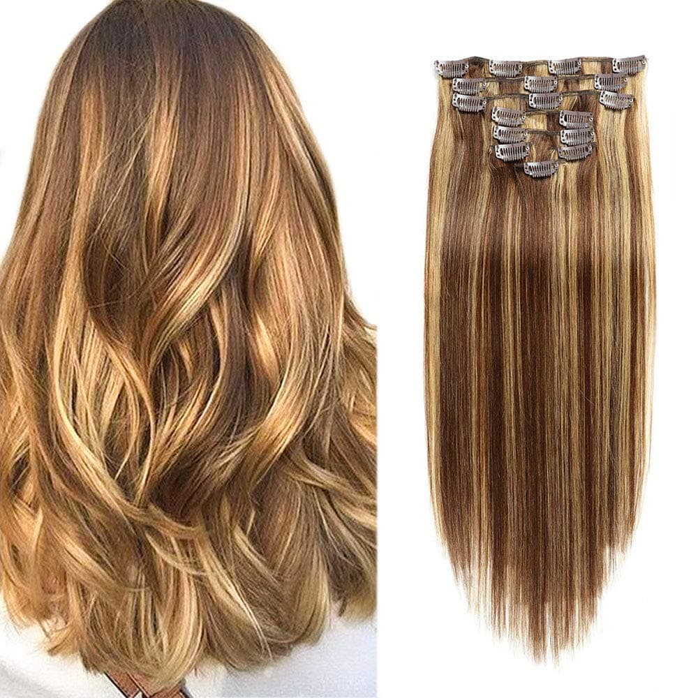 Clip in Extensions Human Hair,14inch Medium Brown with Honey Blonde Remy Hair Extensions Clip Ins for Women Double Weft 7pcs 70g Straight Sliky Clip in Hair Extensions