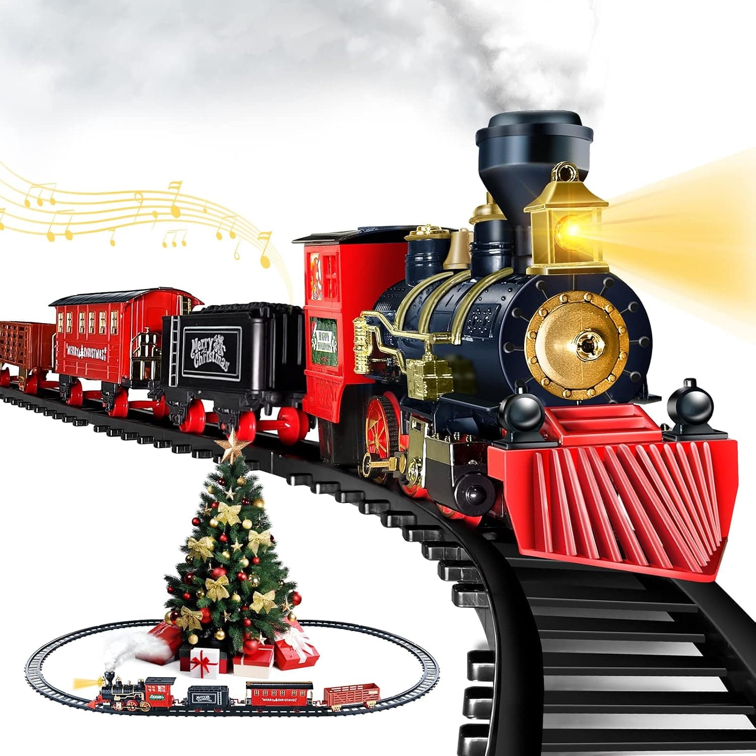 Shemira Christmas Train Set, Christmas Tree Train with Smoke Light & Music, Steam Train Set for Around Christmas Tree, for Kids Boys Girls