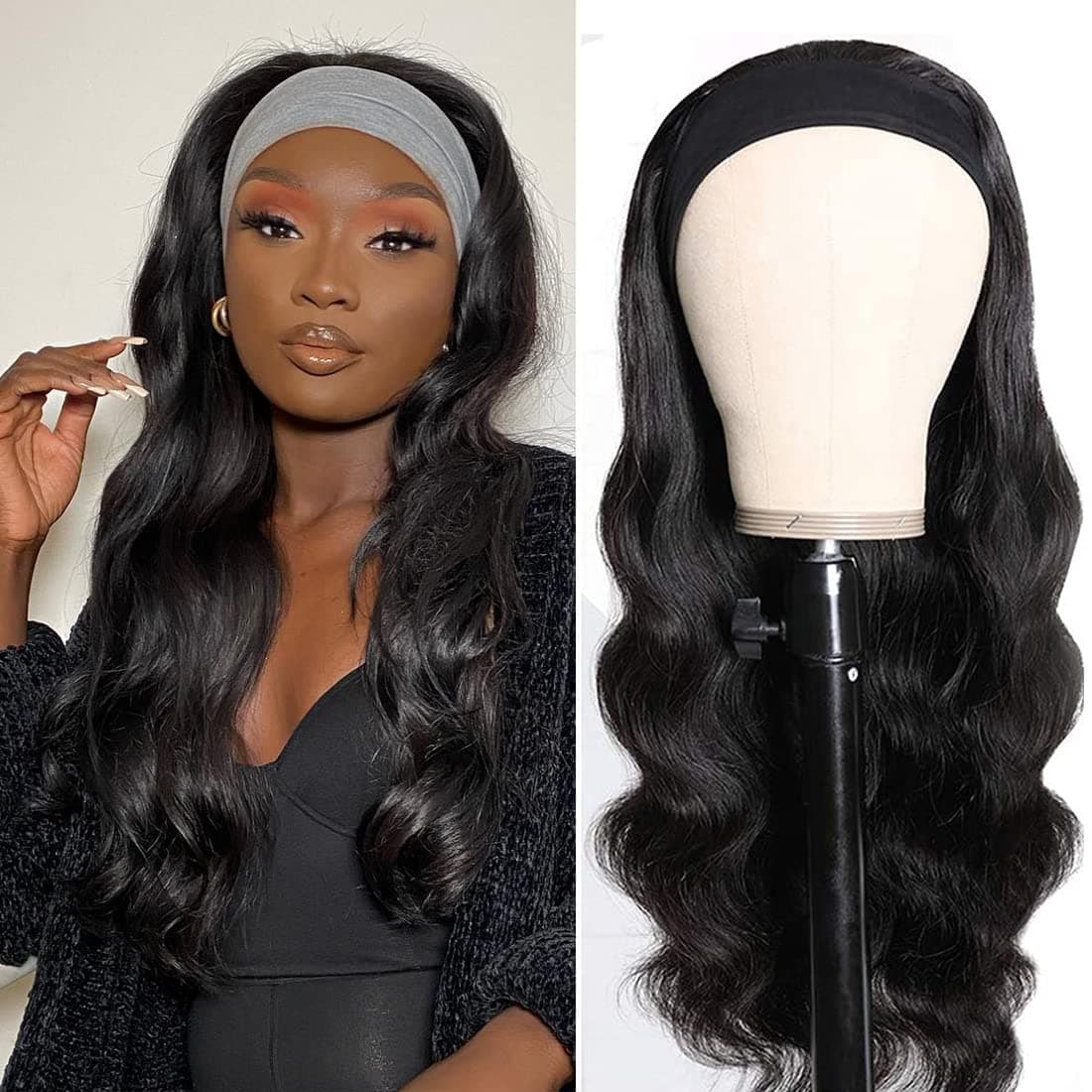 Funky girl Headband Wig Human Hair for Black Women Body Wave Human Hair Wigs Glueless Wigs Human Hair Pre Plucked 150% Density Natural Color 20 Inch