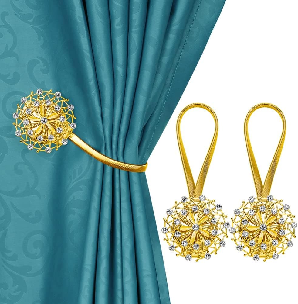 Magnetic Curtain Tiebacks, Aimou Crystal Curtain Holdbacks Decorative No Drilling Window Holders, Drapery Ties Buckle with High-Elastic Bind for Outdoor Home Window and Office (2 PCS, Crystal Gold)