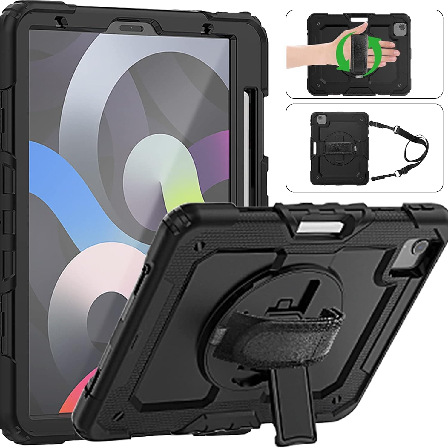 CASZONE iPad Air 5th/4th Generation 10.9 inch Case 2022/2020 with Screen Protector,iPad Pro 11 2022/2021/2020/2018 Case with Pencil Holder,360°Rotatable Stand,Hand/Shoulder Straps.Black
